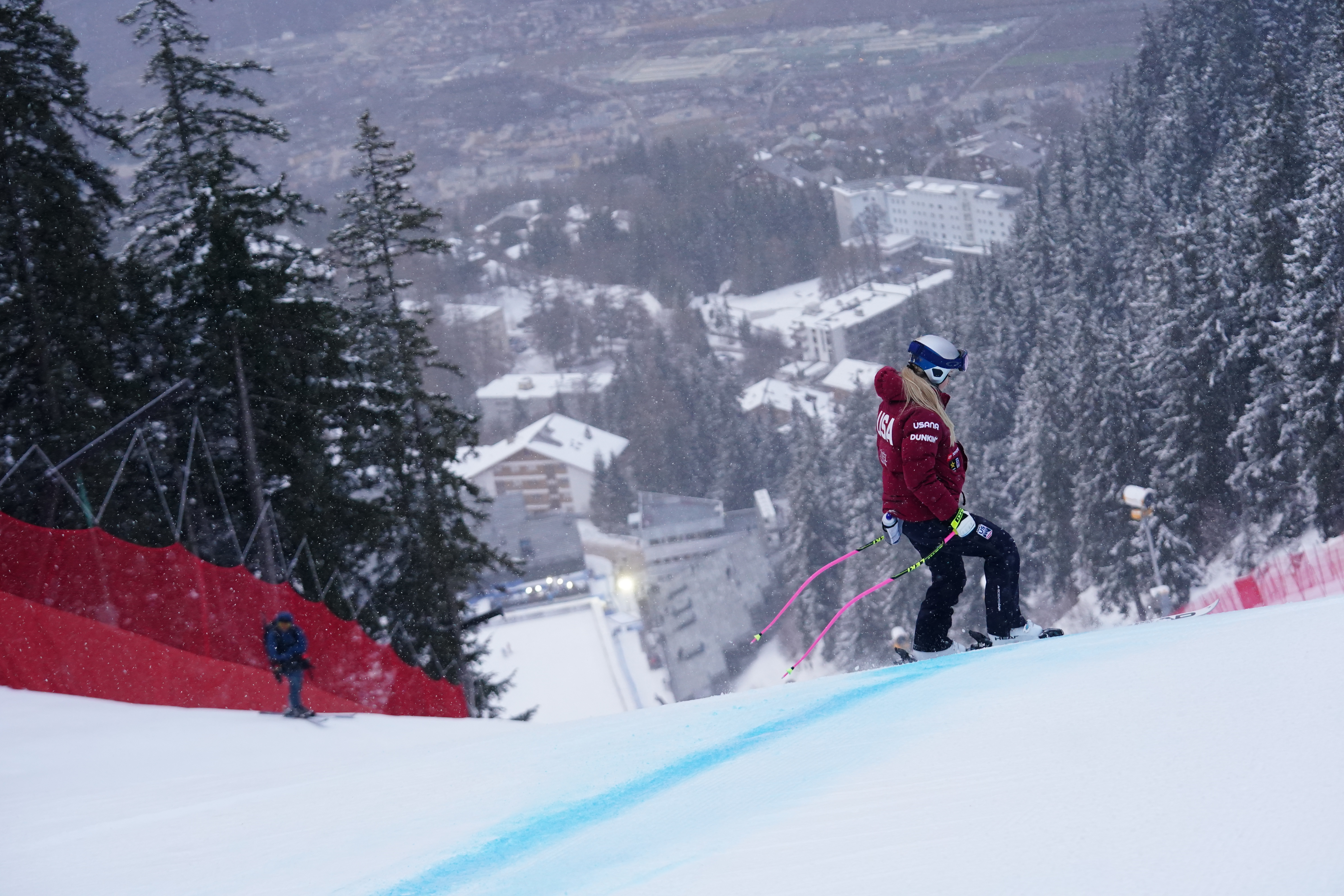 United States' Lindsey Vonn ahead of an alpine ski, women's World Cup downhill, in Crans Montana , Switzerland,