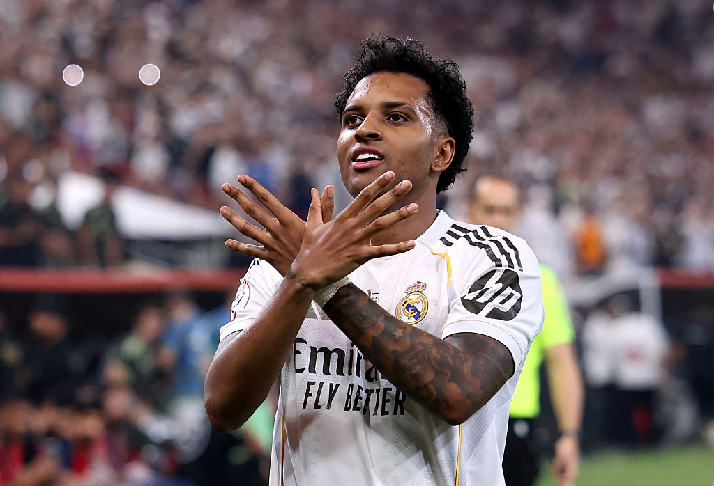 Rodrygo of Real Madrid celebrates scoring his team's second goal during the Spanish Super Cup Semi-Final match between Real Madrid and Atletico Madrid