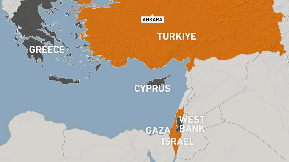 A map showing eastern Mediterranean states: Turkiye, Cyprus, Israel and Greece. (Al Jazeera)