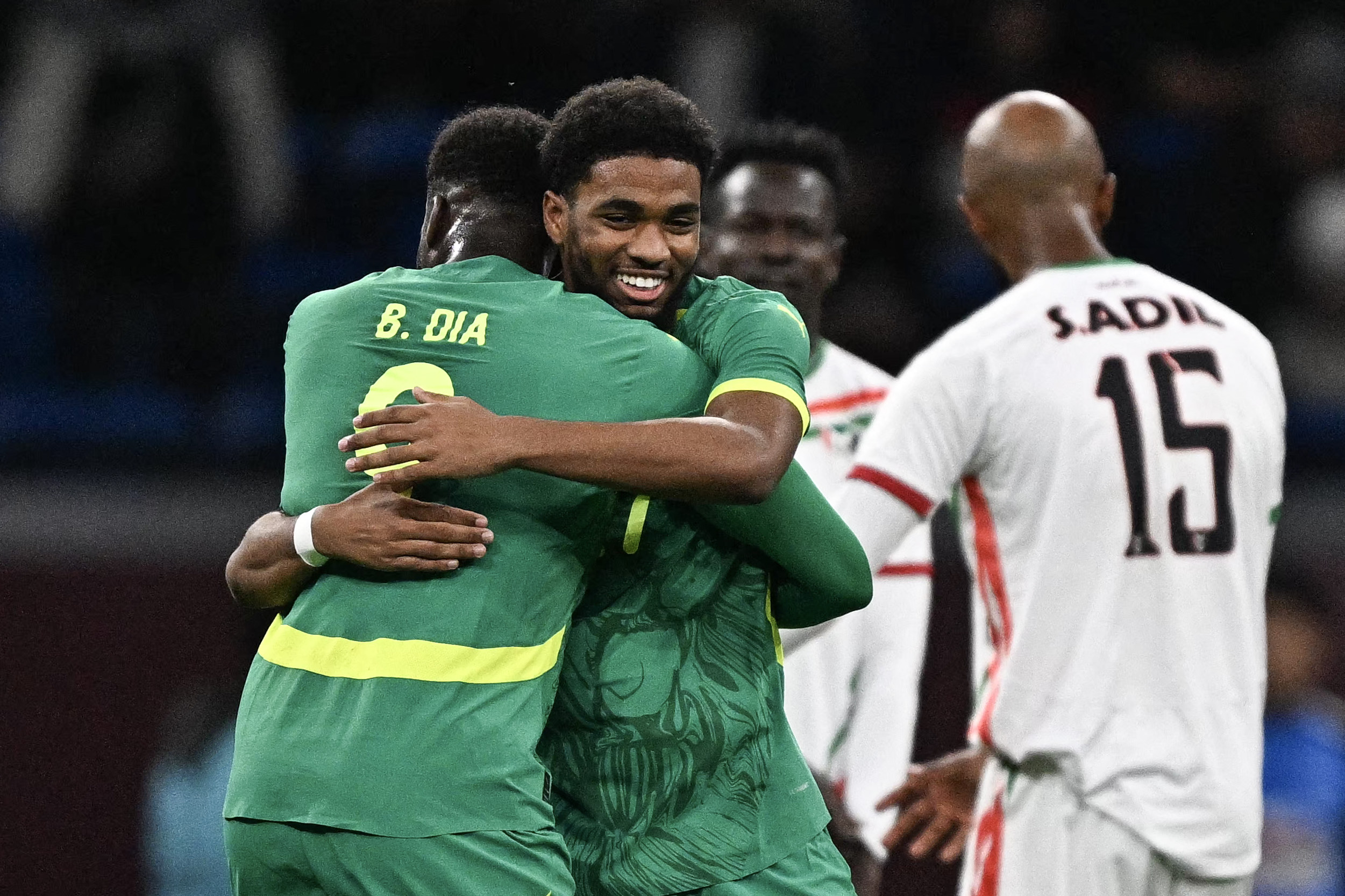 Senegal's forward #27 Ibrahim Mbaye (2 L) celebrates scoring his team's third goal with Senegal's forward #09 Boulaye Dia (L) during the Africa Cup of Nations (CAN) round of 16 football match between Senegal and Sudan at Grand Stadium in Tangiers on January 3, 2026.
