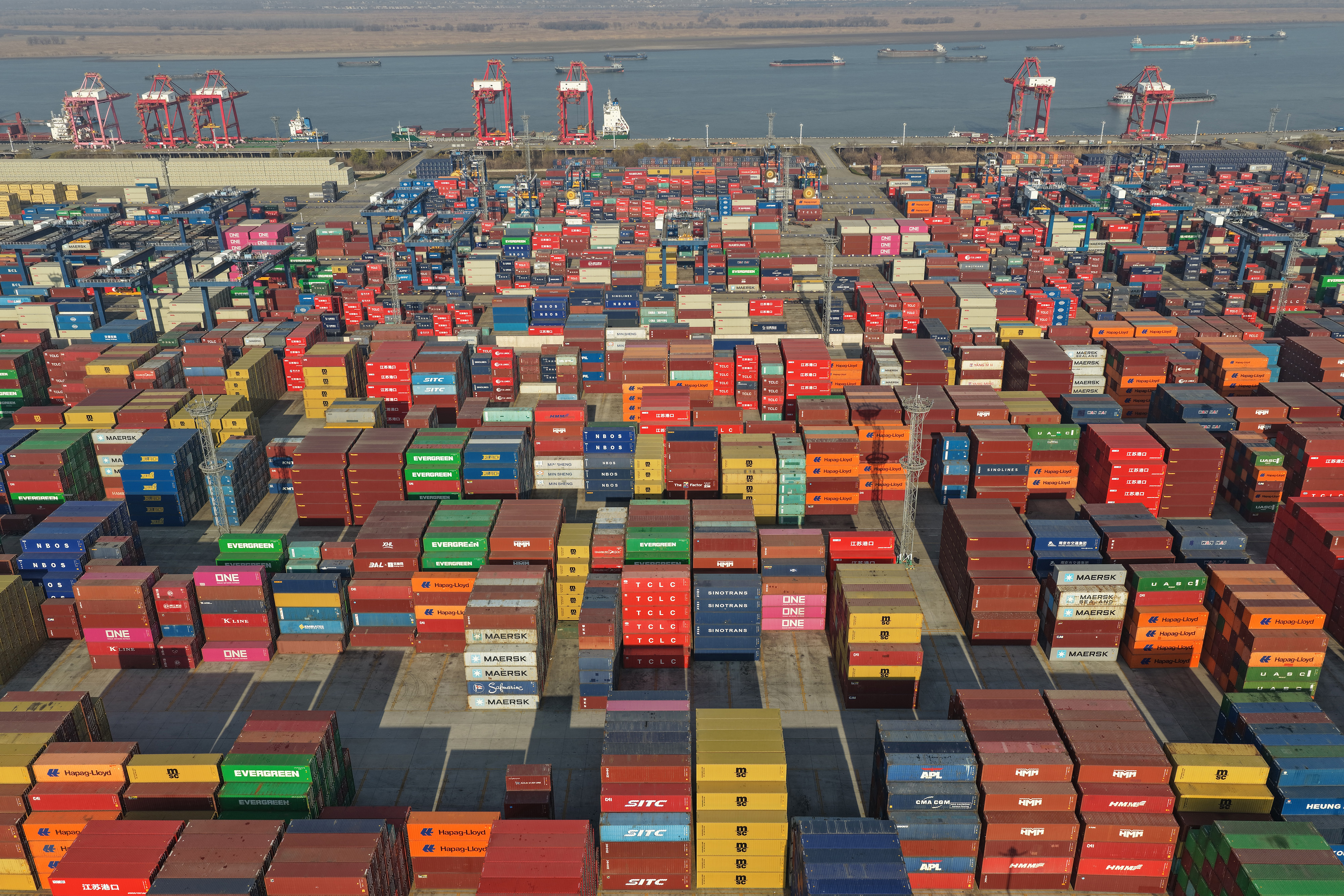 This aerial photo shows containers at the Longtan port in Nanjing, eastern China's Jiangsu province on January 14, 2026.