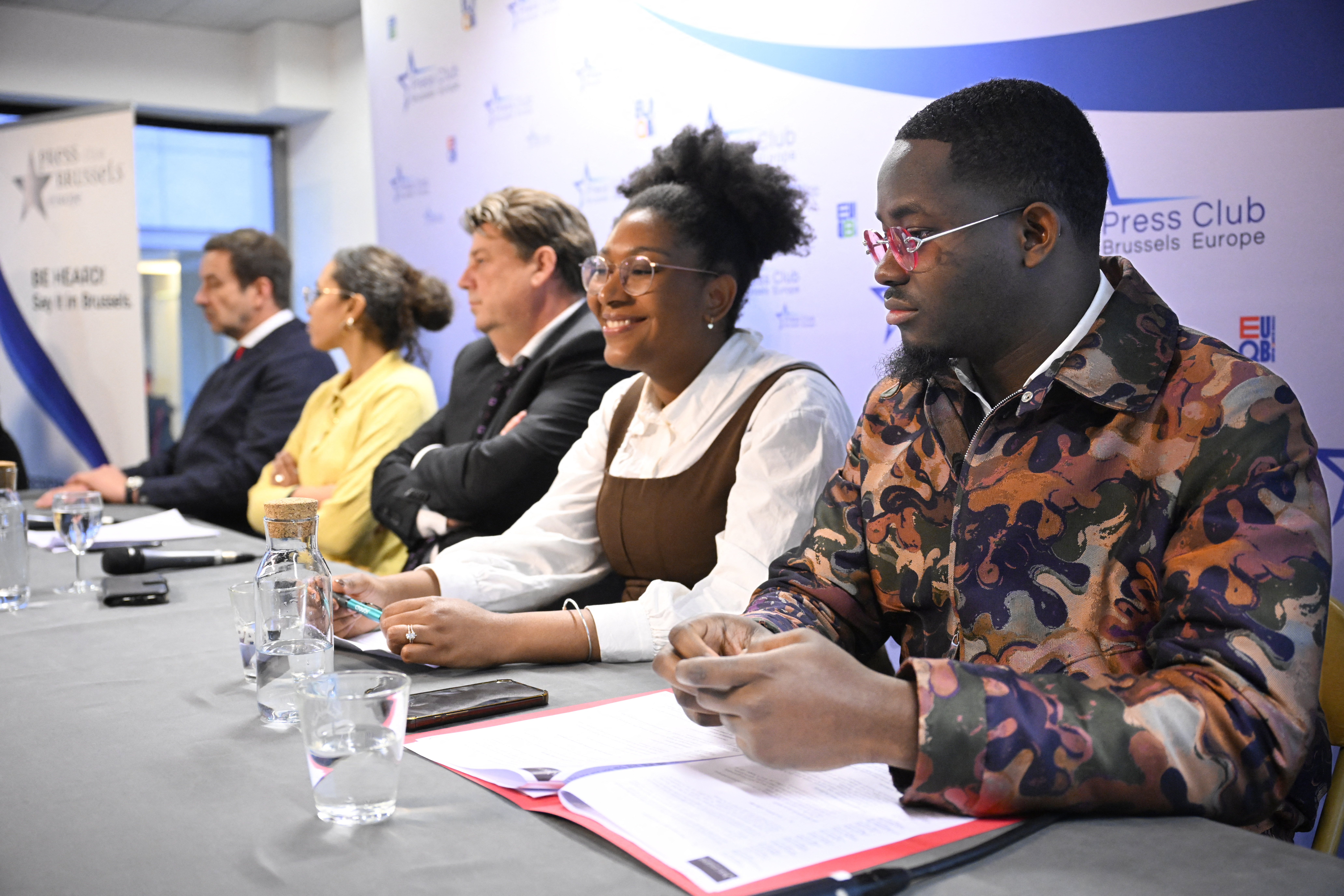 (From R) Murdered Congolese independence icon Patrice Lumumba's relatives Yema Lumumba and Mehdi Lumumba, German lawyer of ECCHR NGO Wolfgang Kaleck, and Belgian lawyers Jehosheba Bennett and Christophe Marchand hold a press conference following a hearing before a Belgian court to weigh prosecuting the sole surviving suspect over the 1961 killing, in Brussels on January 19, 2026.