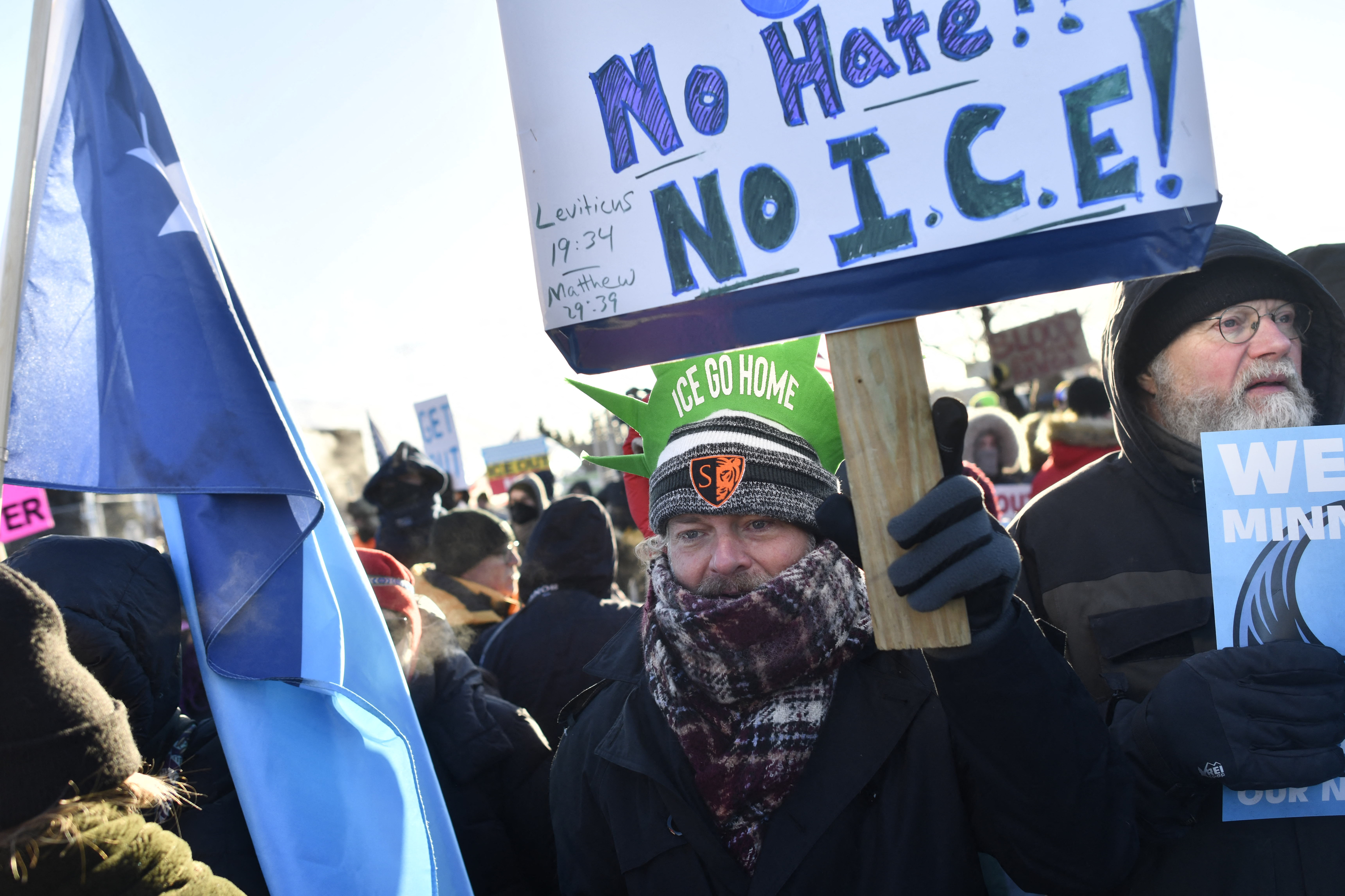 Protesters convene on the Bishop Whipple Federal Building to oppose ICE detentions almost week after Alex Pretti was killed by ICE agents in Minneapolis, Minnesota, on January 30, 2026.