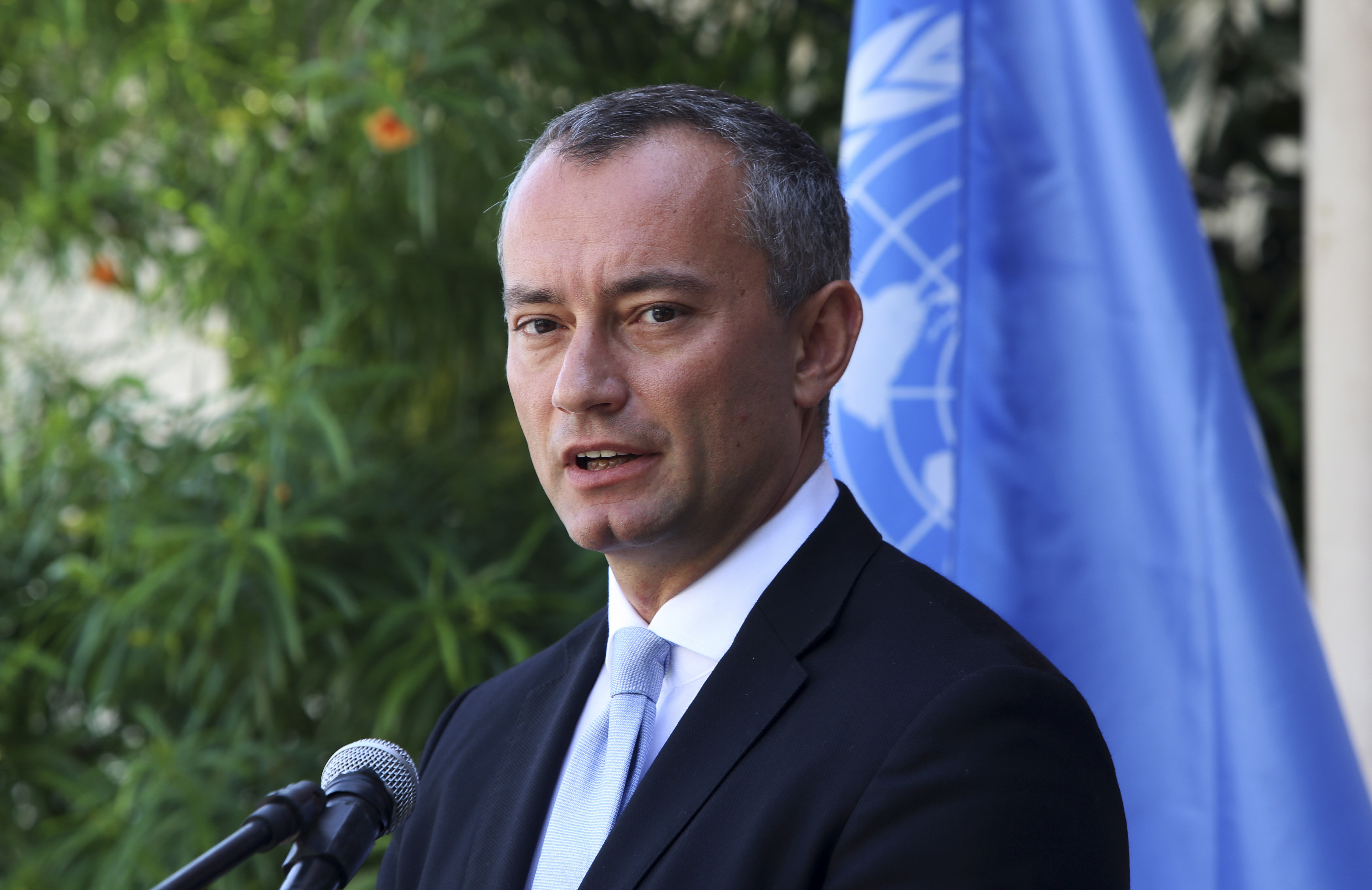 FILE - In this Sept. 25, 2017 file photo, the U.N. special envoy for the Middle East Peace Process Nickolay Mladenov, attends a press conference at the (UNSCO) offices in Gaza City. Mladenov has turned down an offer to lead the U.N. mission in conflict-stricken Libya, according to a U.N. spokesman. Mladenov told U.N. Secretary-General Antonio Guterres on Monday, Dec. 21, 2020, that he would not take up the position of special envoy for the North African country “for personal and family reasons,” said U.N. spokesman Stephane Dujarric on Tuesday. (AP Photo/Adel Hana, File)