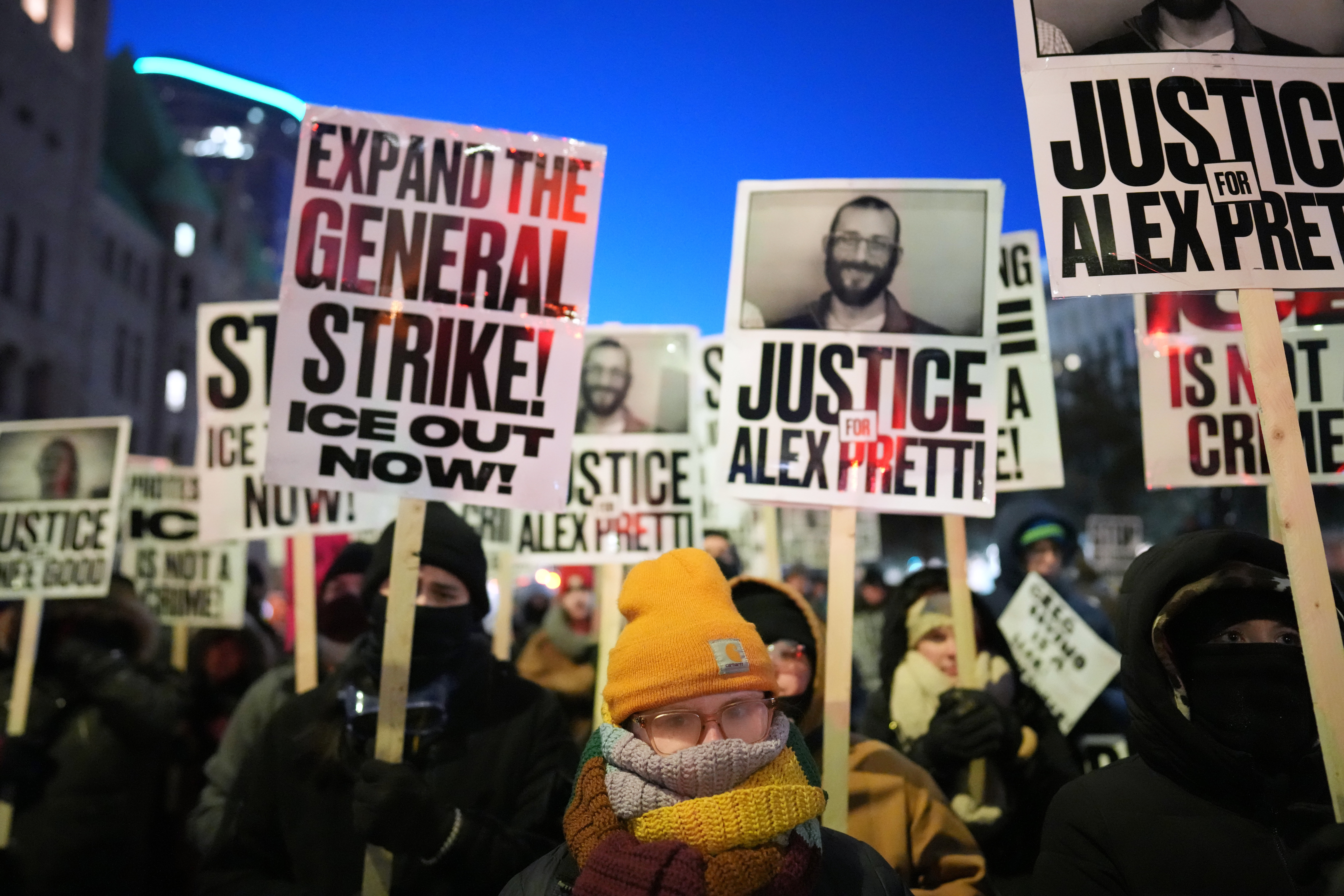 Demonstrators gather during a rally against federal immigration enforcement at Federal Courthouse Plaza on Tuesday, Jan. 27, 2026, in Minneapolis. (AP Photo/Adam Gray)
