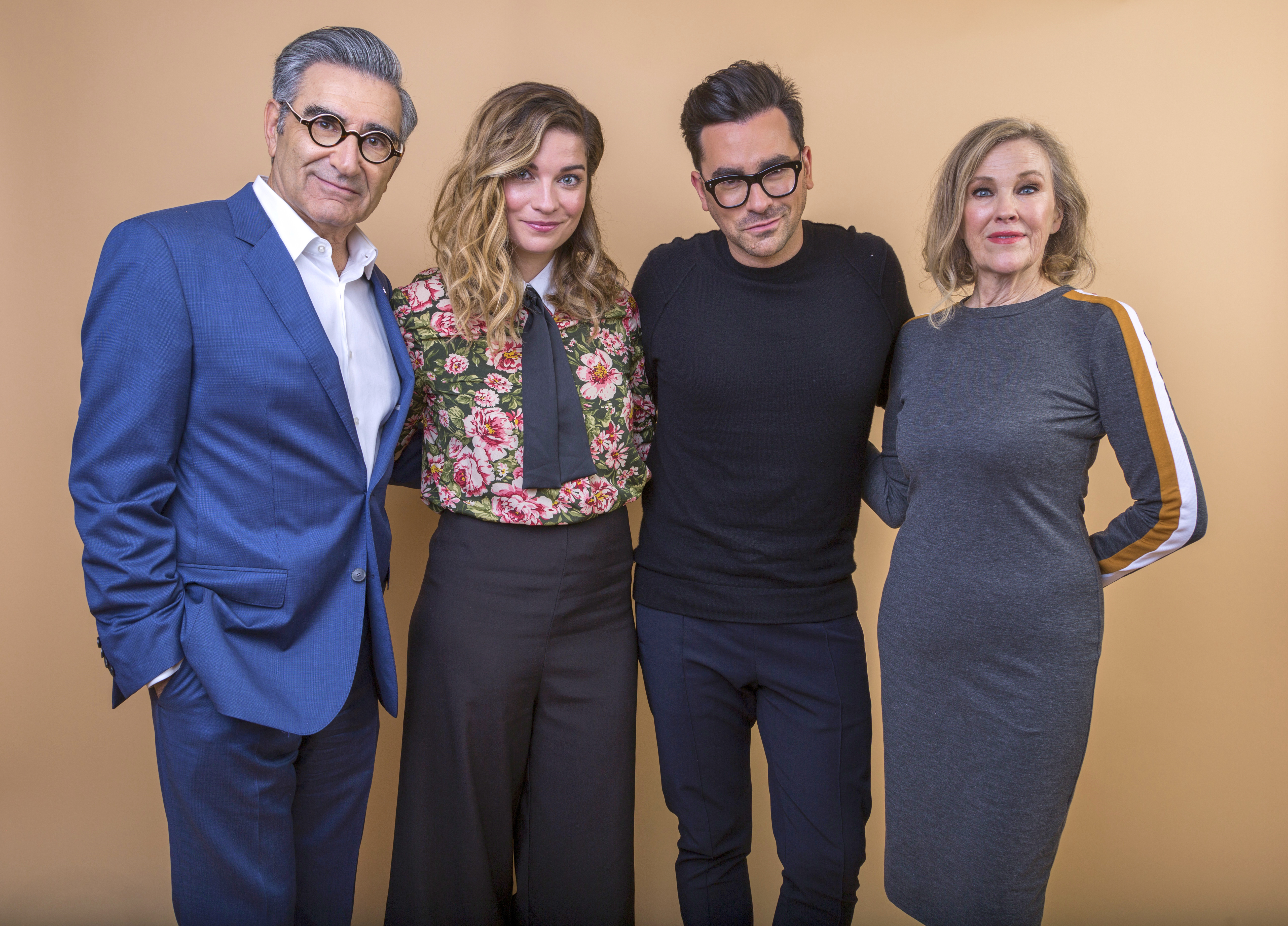 FILE - Eugene Levy, from left, Annie Murphy, Daniel Levy and Catherine O'Hara cast members in the series "Schitt's Creek" pose for a portrait during the 2018 Television Critics Association Winter Press Tour in Pasadena, Calif., on Jan. 14, 2018. (Photo by Willy Sanjuan/Invision/AP, File)