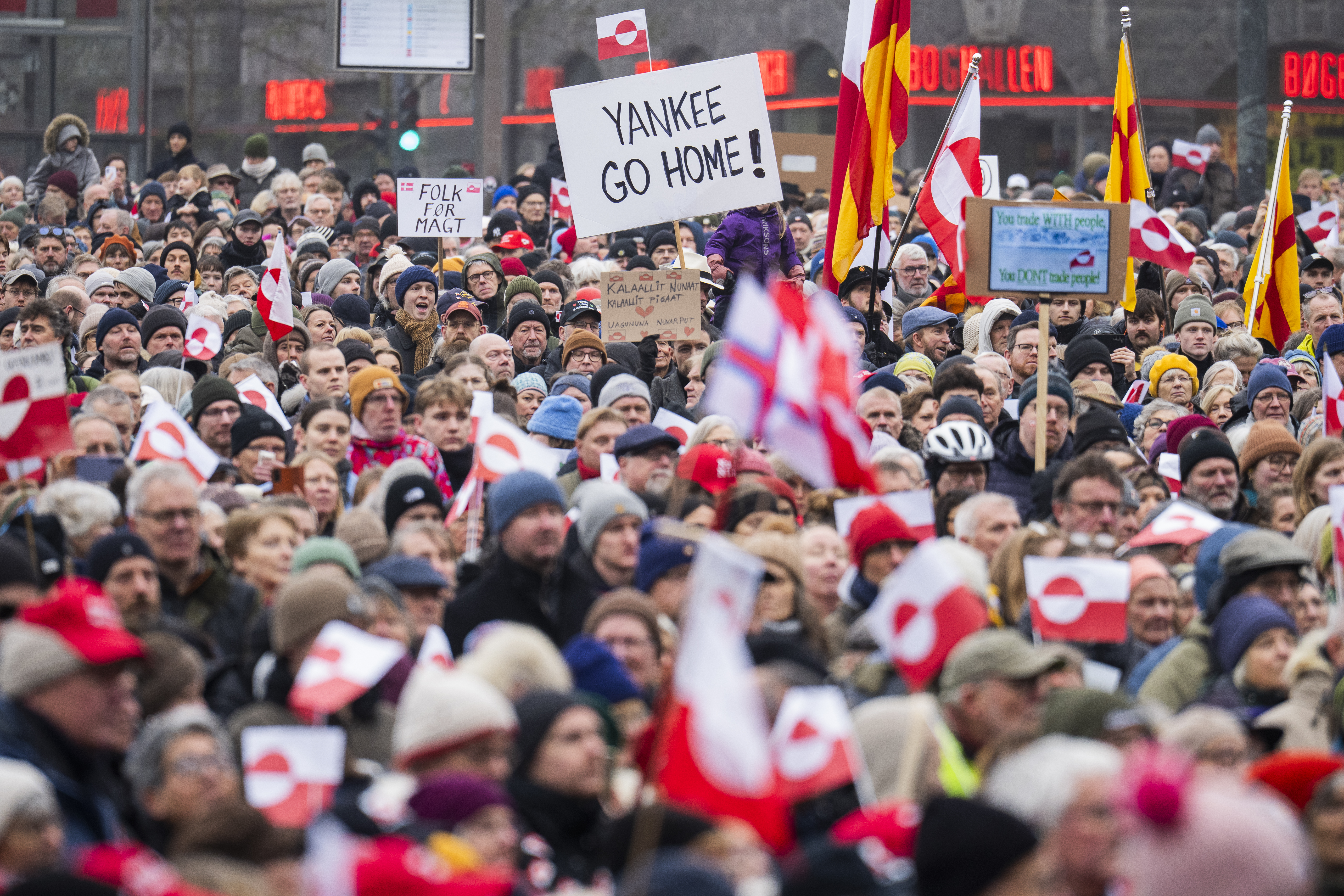 COPENHAGEN, DENMARK - JANUARY 17: Protesters on City Square during a protest in support of Greenland on January 17, 2026 in Copenhagen, Denmark. The United States president continues to insist the U.S. must have Greenland, even by military means if necessary. Greenland is a semi-autonomous territory of Denmark, which has forcefully pushed back on the U.S. threats, saying they jeopardize the future of NATO. (Photo by Martin Sylvest Andersen/Getty Images)