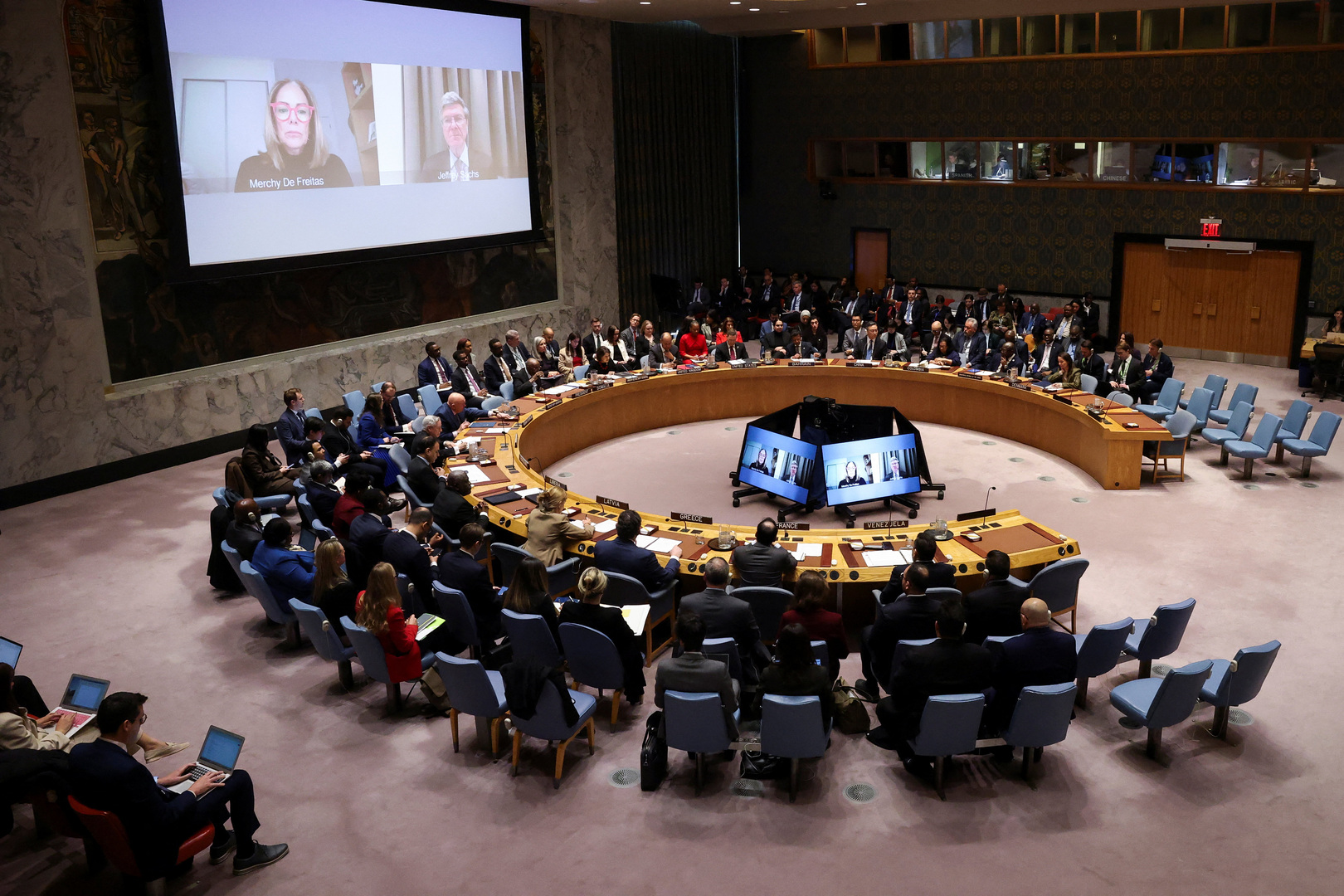 Members of the UN Security Council meet on the US strikes and capture of Venezuelan President Nicolas Maduro and his wife Cilia Flores at the United Nations building in New York, US on Jan. 5, 2026. [Brendan McDermid/Reuters]