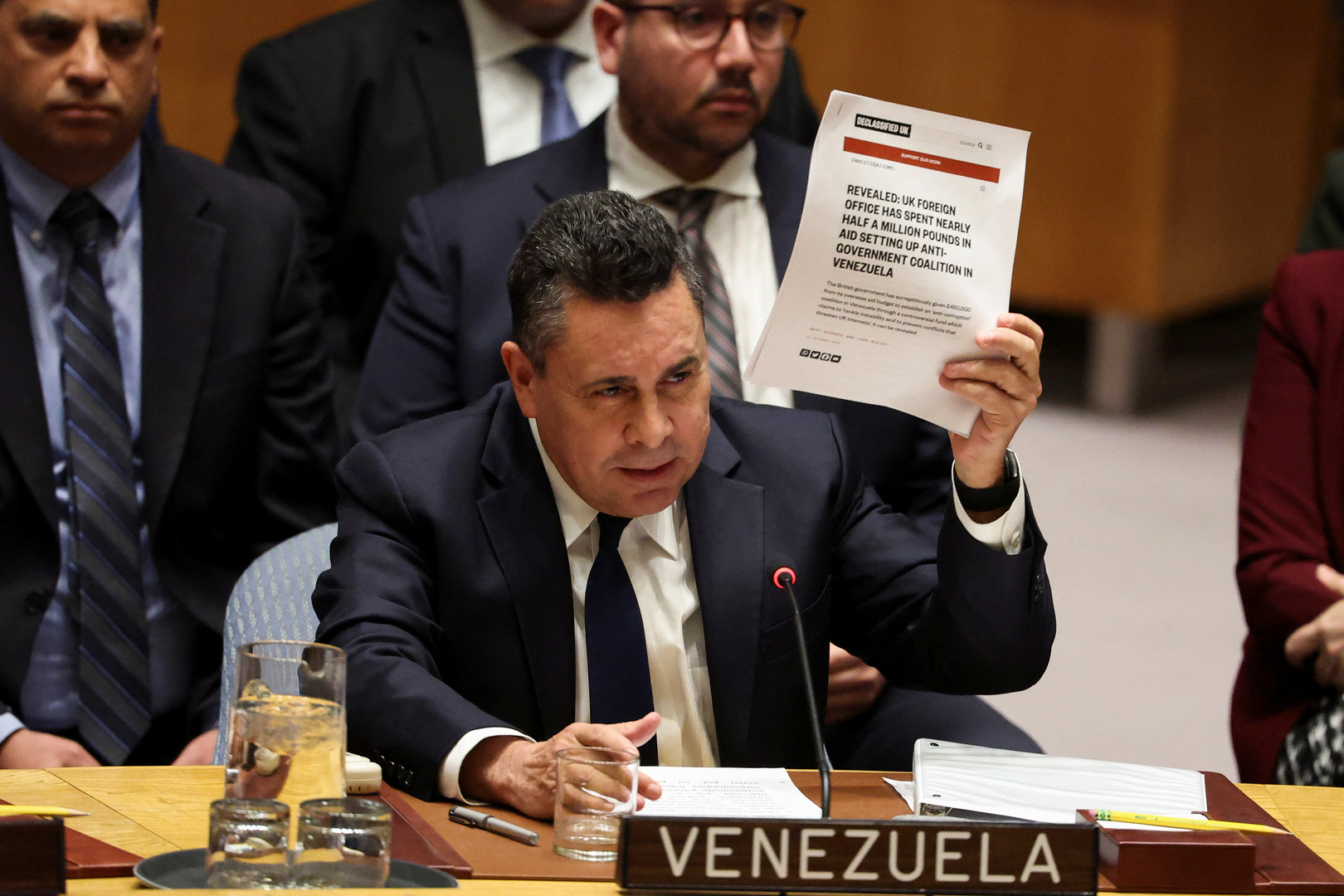 Venezuela Ambassador to the United Nations Samuel Reinaldo Moncada Acosta speaks as he holds up a news article, during a UN Security Council meeting on U.S. strikes and the capture of Venezuelan President Nicolas Maduro and his wife, Cilia Flores, at the United Nations headquarters in New York, US on Jan. 5, 2026. [Brendan McDermid/Reuters]