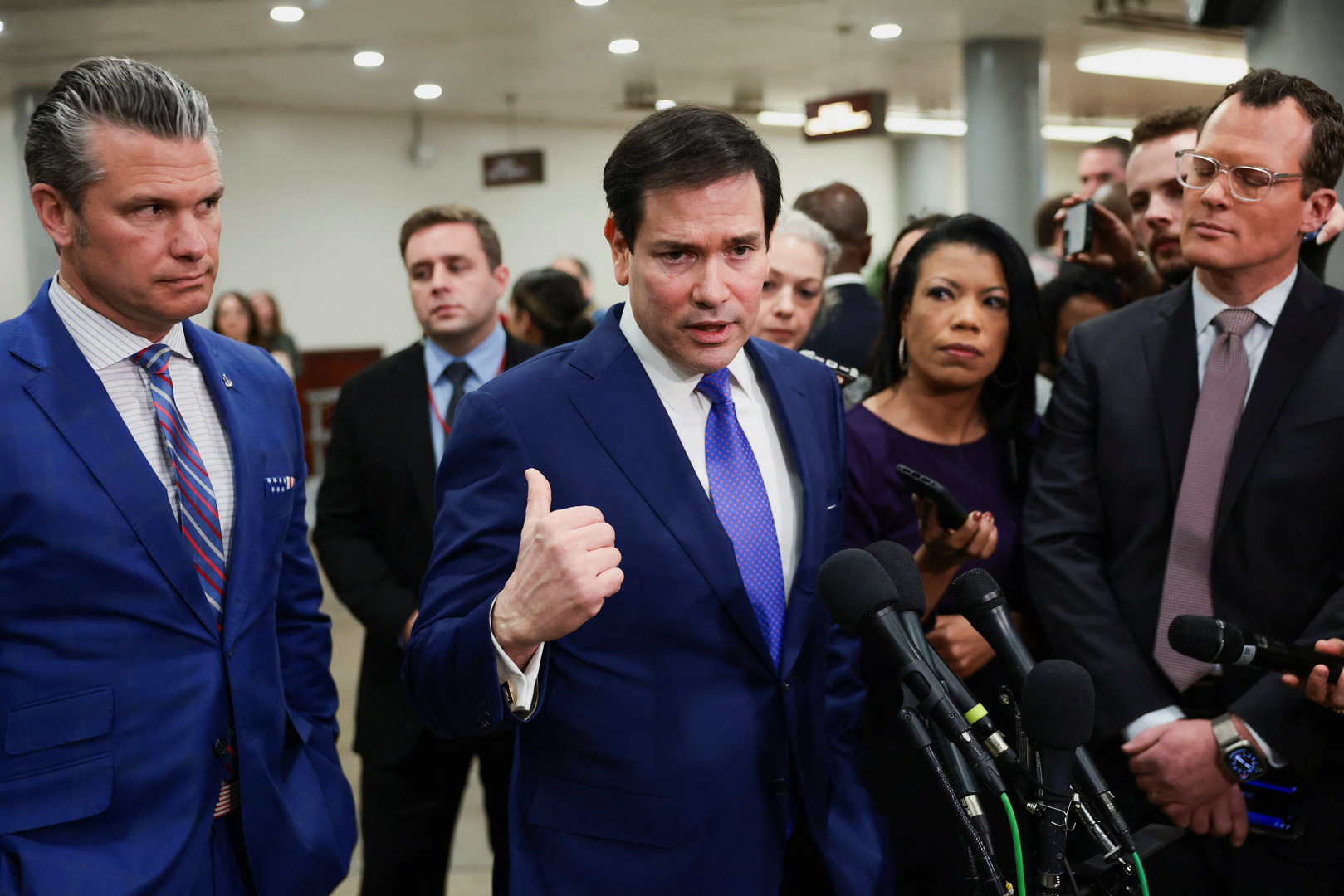 US Secretary of State Marco Rubio gestures as he speaks to the media on the day of a briefing for the House of Representatives on the situation in Venezuela, on Capitol Hill in Washington, DC, US, on Jan. 7, 2026. [Evelyn Hockstein/Reuters]