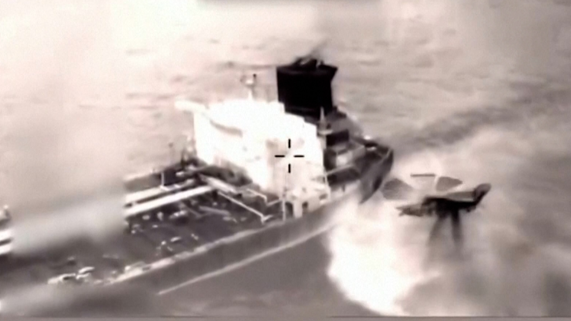 A screenshot from a US Department of Defense video purporting to show the seizure of a fifth sanctioned oil tanker, the Olina, in the Caribbean Sea on Jan. 9, 2026. [US Department of Defense/AP]