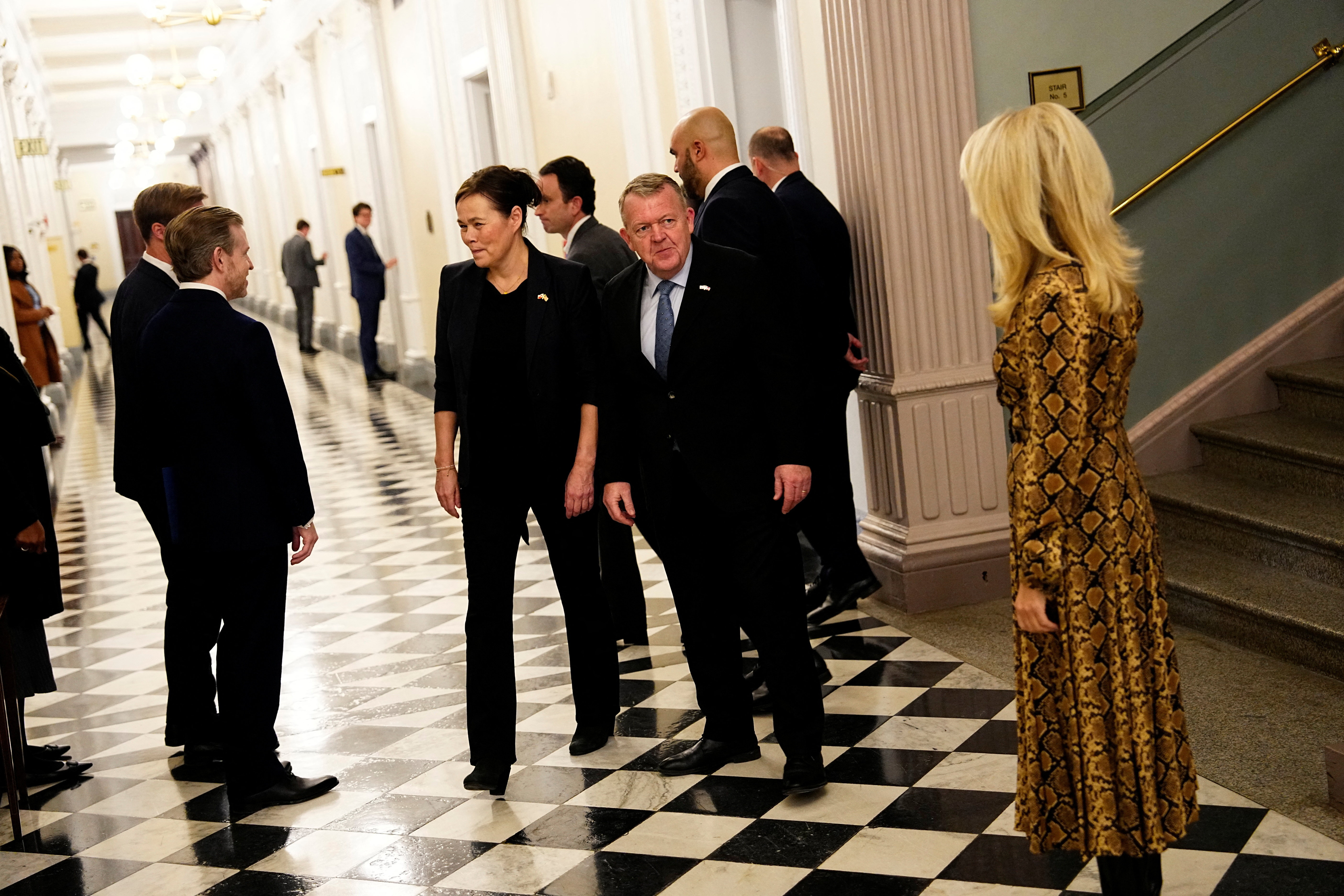 Denmark's Foreign Minister, Lars Loekke Rasmussen and Greenland's Foreign Minister, Vivian Motzfeldt, arrive to meet with the U.S. Vice President, JD Vance, and U.S. Secretary of State, Marco Rubio, at the White House in Washington, D.C., U.S. January 14, 2026. Ritzau Scanpix/Mads Claus Rasmussen via REUTERS ATTENTION EDITORS - THIS IMAGE WAS PROVIDED BY A THIRD PARTY. DENMARK OUT. NO COMMERCIAL OR EDITORIAL SALES IN DENMARK.