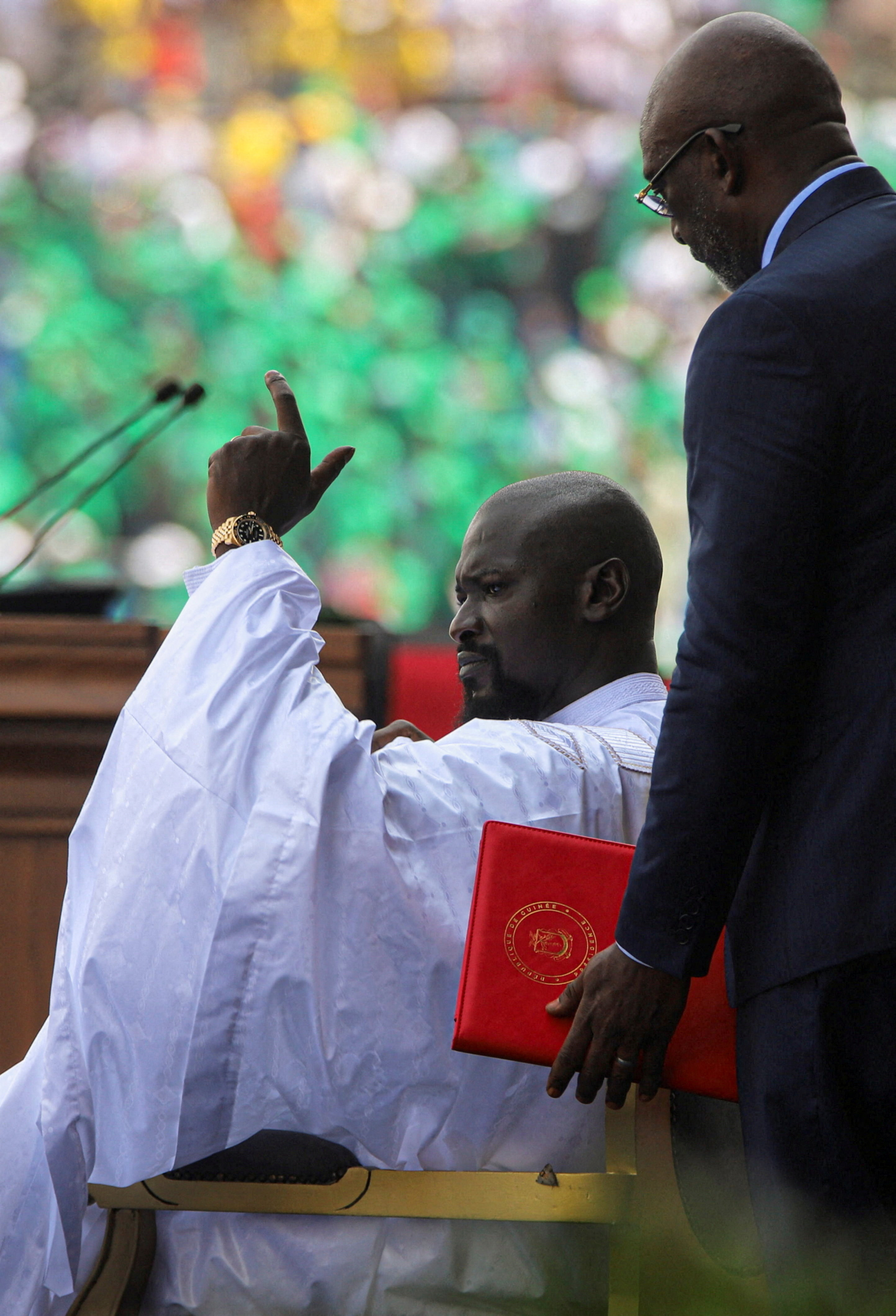 Guinea's President-elect Mamady Doumbouya gestures as he prepares to take the oath of office during a swearing-in ceremony in Conakry, Guinea, January 17, 2026. REUTERS/Souleymane Camara TPX IMAGES OF THE DAY