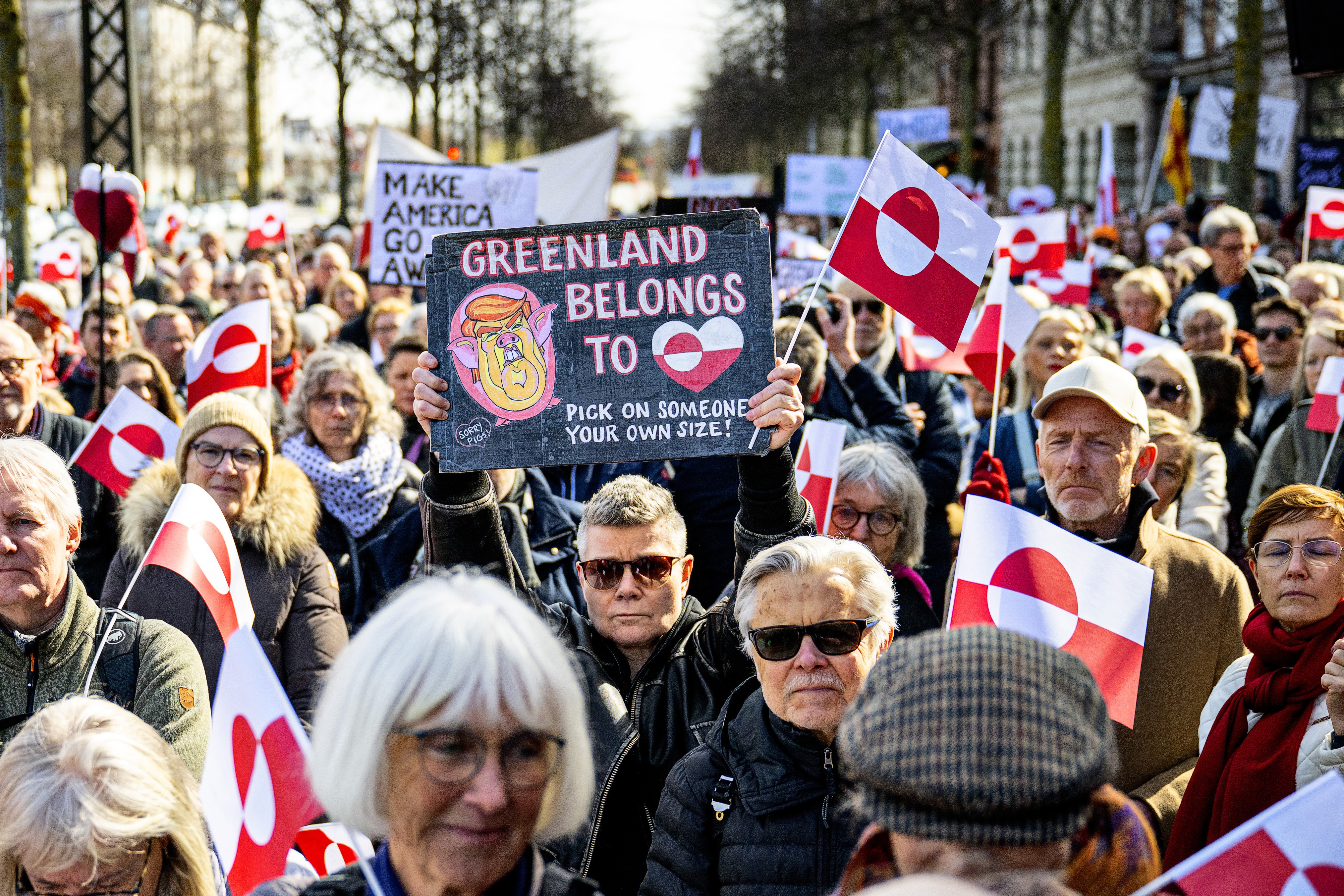 epa11997091 People gather for a protest outside the Embassy of the United States of America in Copenhagen, Denmark, 29 March 2025. Denmarks prime minister said on 25 March that the United States were exerting an 'unacceptable pressure' on Greenland, after the Trump administration had reiterated the previous day the suggestion to take over the semi-autonomous territory. EPA/NILS MEILVANG DENMARK OUT