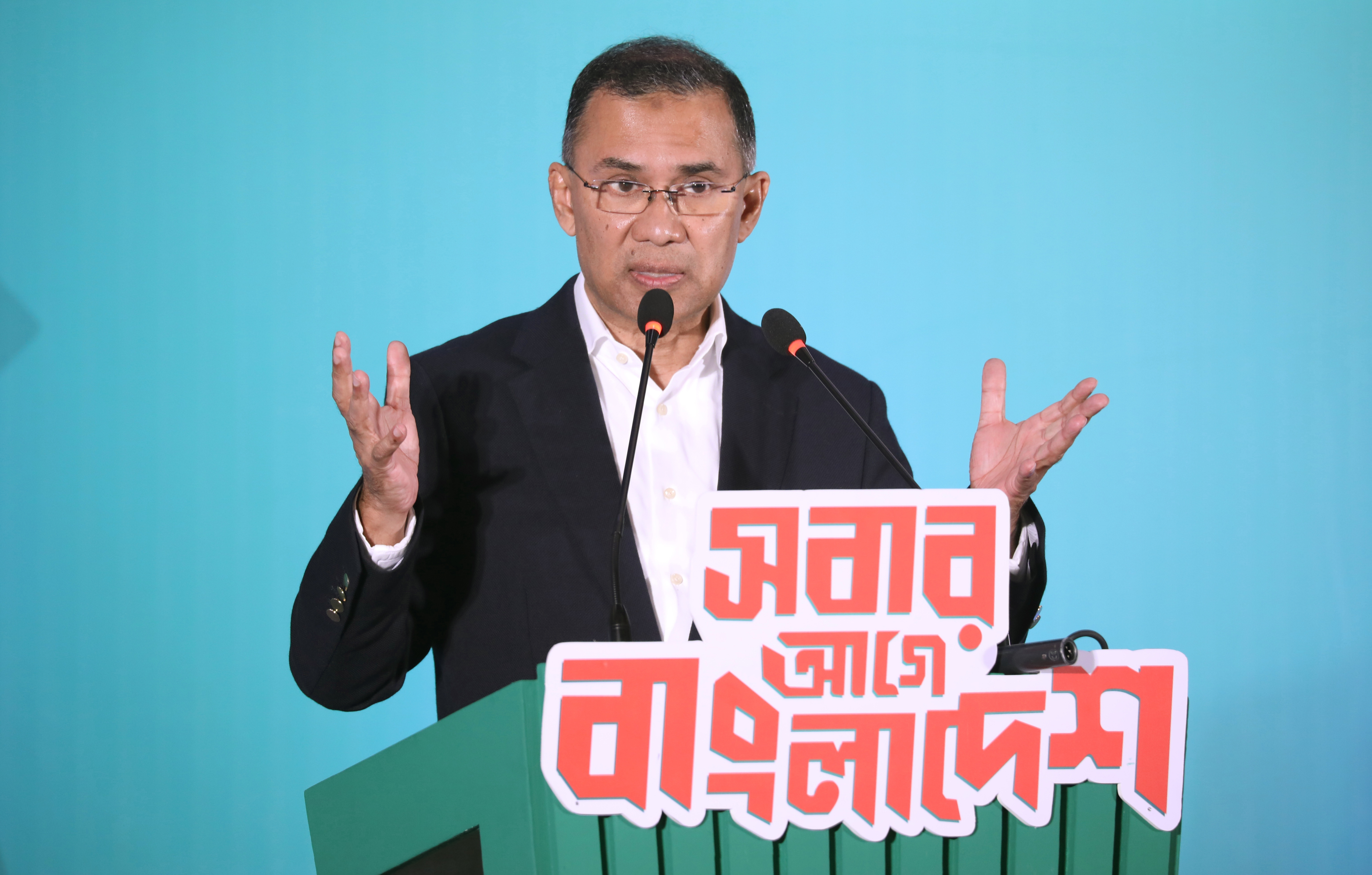 Bangladesh Nationalist Party (BNP) Chairman Tarique Rahman unveils the party's election manifesto for the upcoming 13th national election at a hotel in Dhaka, Bangladesh, 06 February 2026. The national election is scheduled for 12 February 2026, held alongside a referendum on the July National Charter constitutional reforms. EPA/MONIRUL ALAM