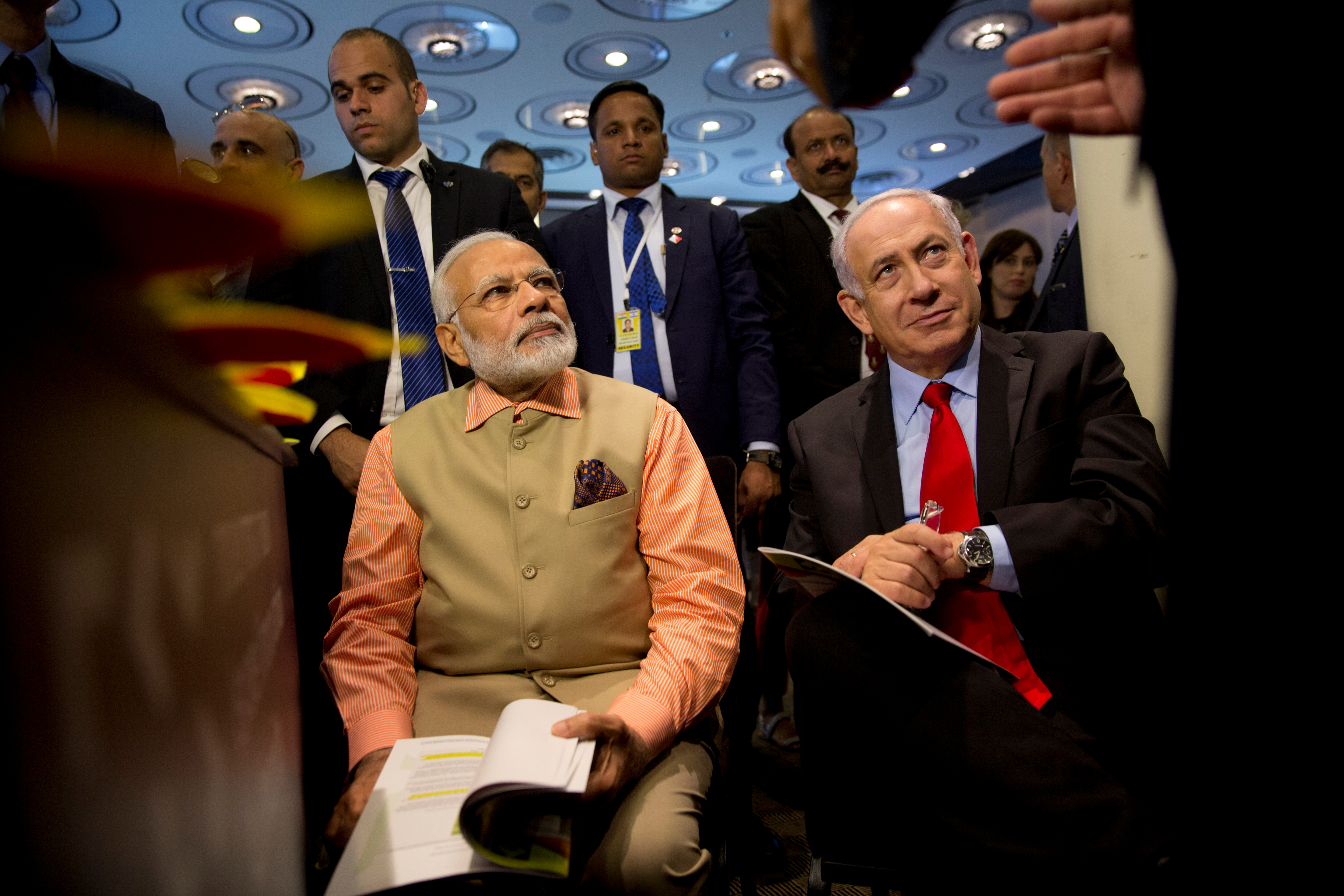 Indian Prime Minister Narendra Modi and Israeli Prime Minister Benjamin Netanyahu attend an innovation conference with Israeli and Indian CEOs in Tel Aviv, Israel, on July 6, 2017