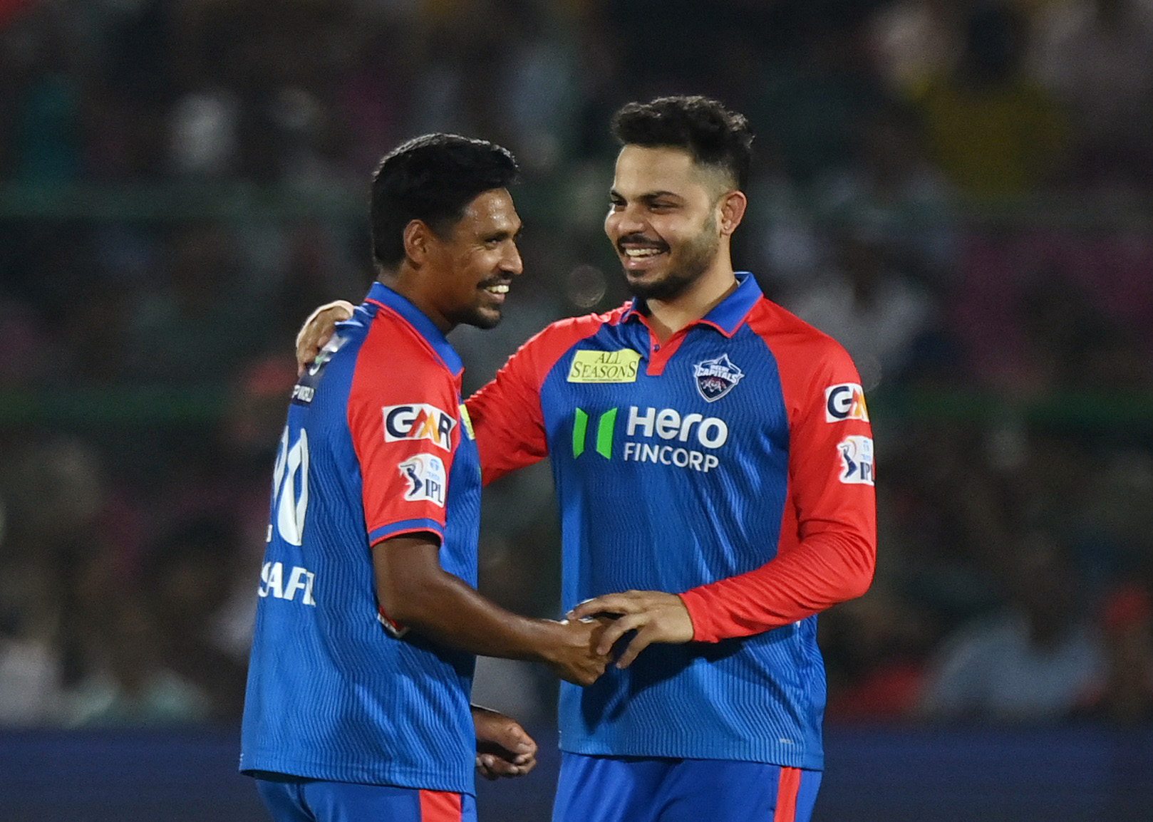 Cricket - Indian Premier League - IPL - Punjab Kings v Delhi Capitals - Sawai Mansingh Stadium, Jaipur, India - May 24, 2025 Delhi Capitals' Mustafizur Rahman celebrates with Ashutosh Sharma after taking the wicket of Punjab Kings' Shashank Singh