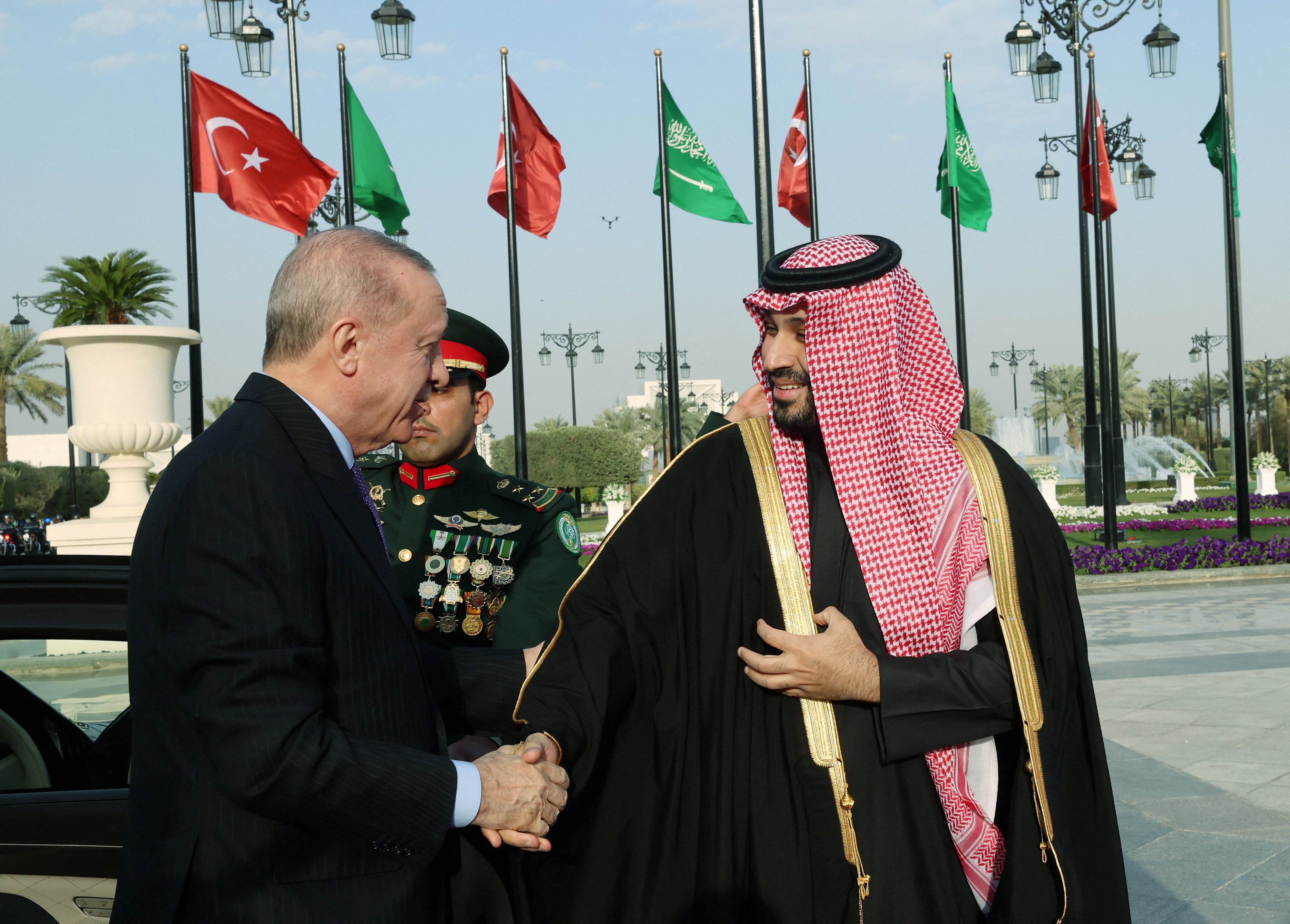 Turkish President Tayyip Erdogan is welcomed by Saudi Crown Prince Mohammed bin Salman in Riyadh, Saudi Arabia, February 3, 2026. Murat Cetinmuhurdar/Turkish Presidential Press Office/Handout via REUTERS ATTENTION EDITORS - THIS PICTURE WAS PROVIDED BY A THIRD PARTY. NO RESALES. NO ARCHIVES.