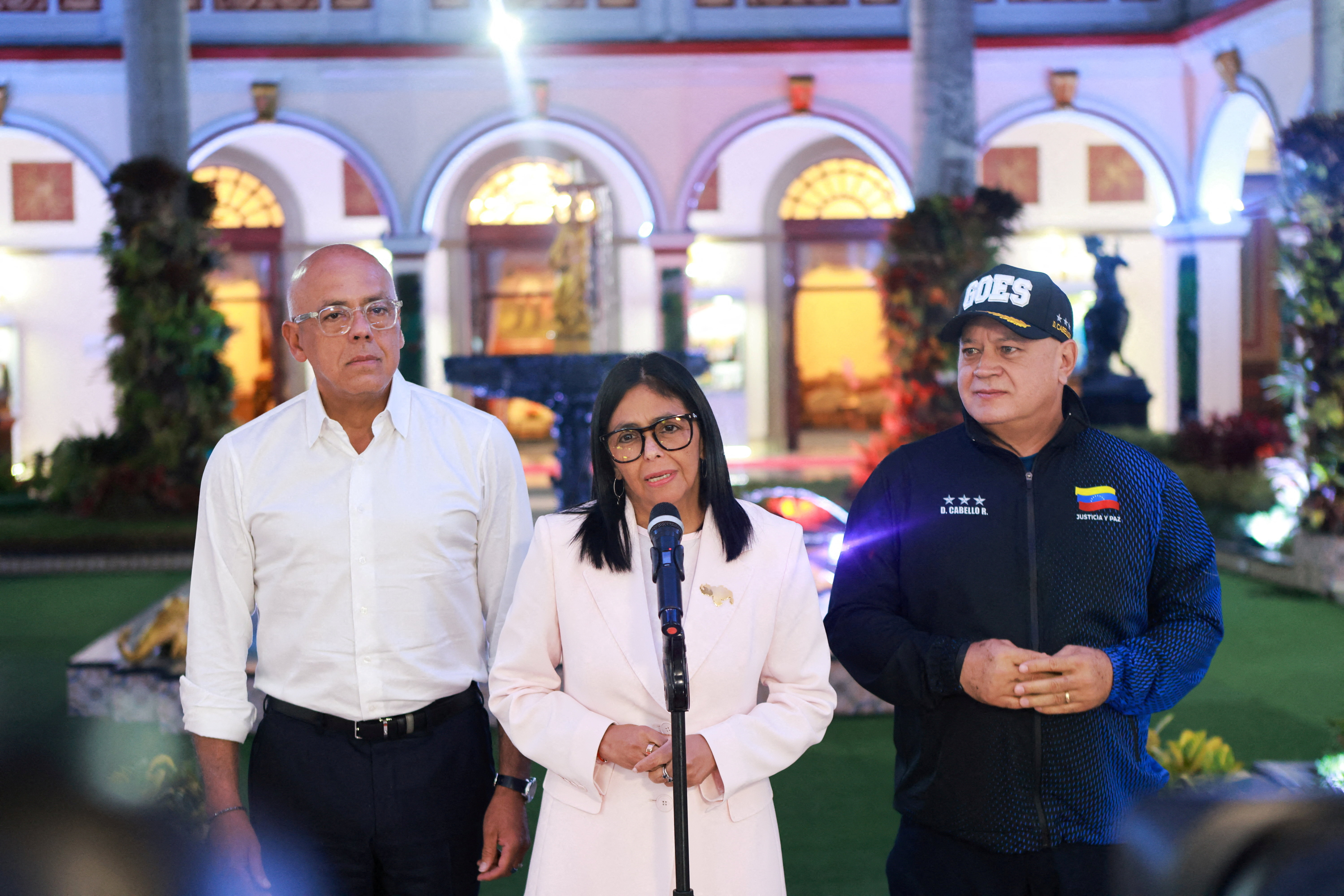 Venezuela’s interim president Delcy Rodriguez, flanked by National Assembly President Jorge Rodriguez and Interior Minister Diosdado Cabello, 