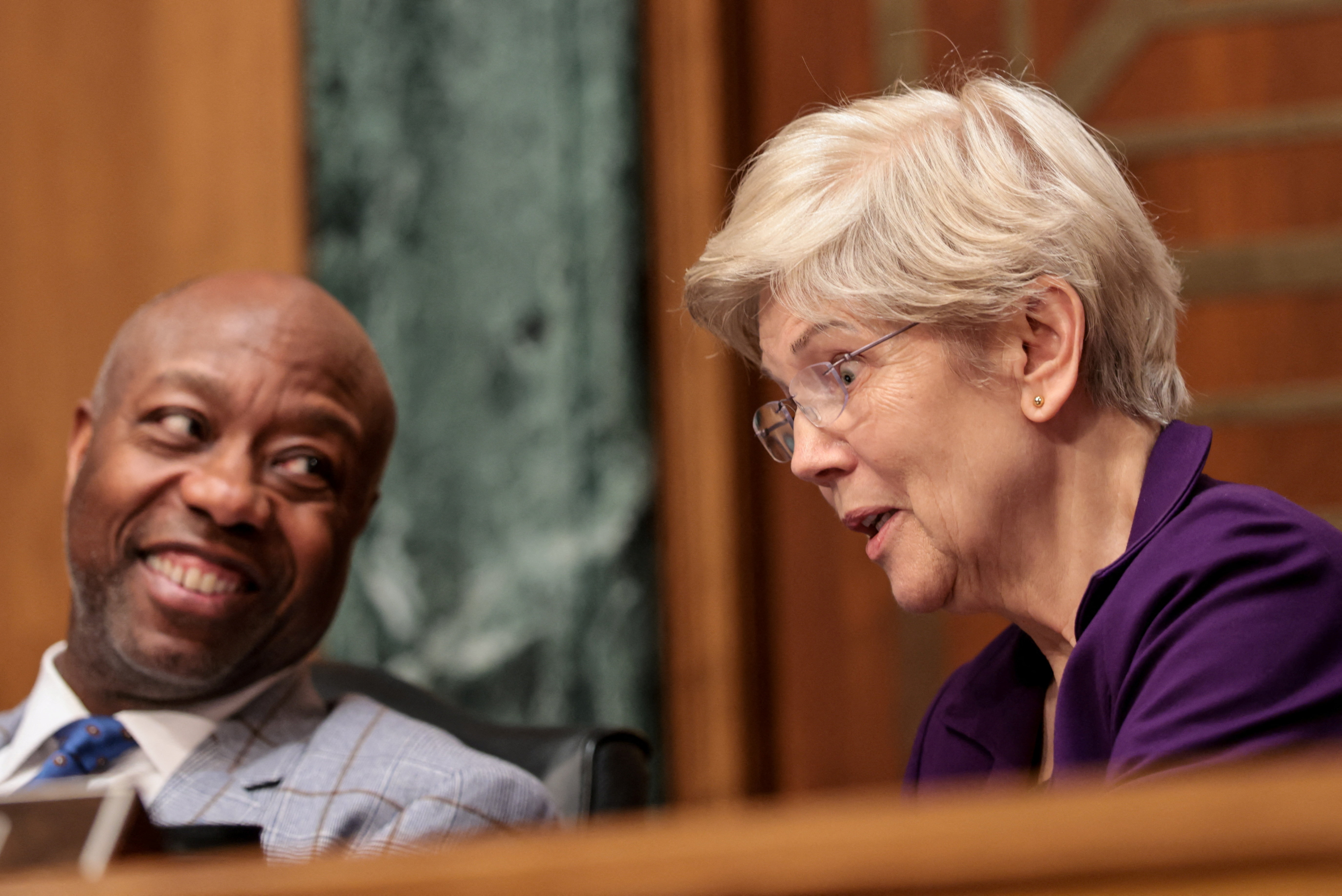 Senators Elizabeth Warren and Tim Scott on a congressional panel