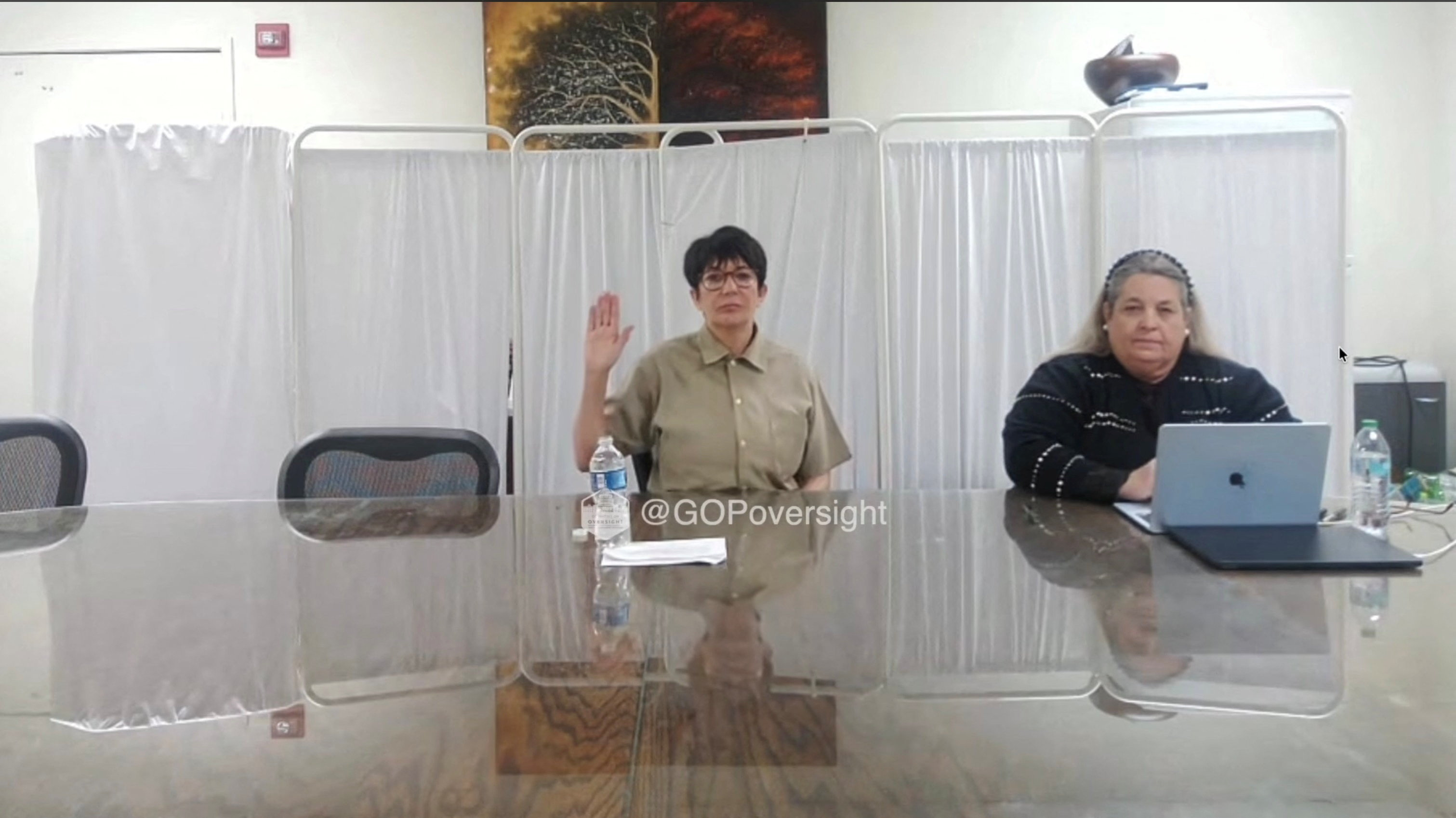 Ghislaine Maxwell, the convicted and jailed associate of the late financier and convicted sex offender Jeffrey Epstein, addresses the House Oversight Committee in a closed-door video deposition during their meeting in Washington, D.C., U.S., February 9, 2026 in a still image from video.