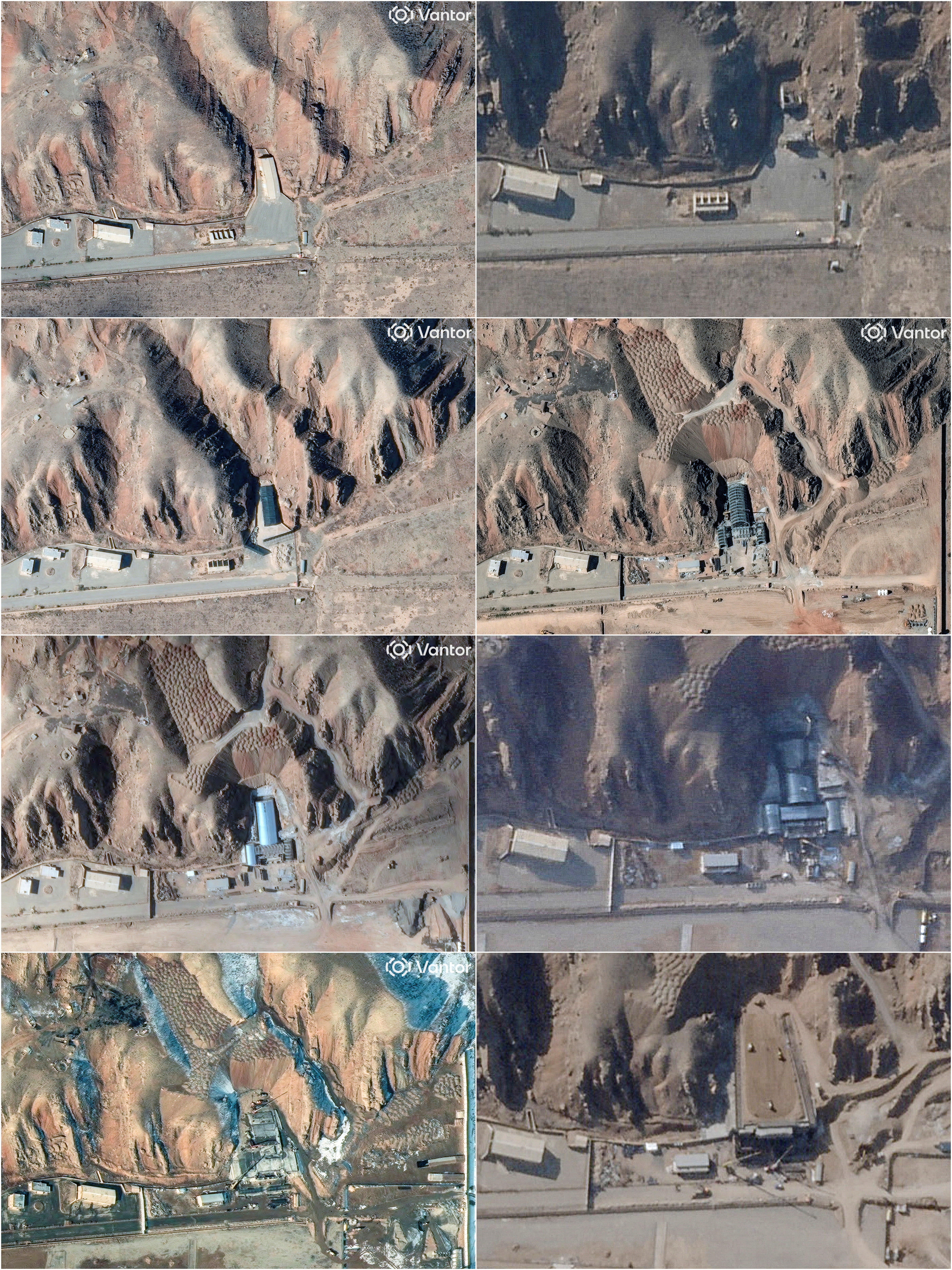 A combination picture of satellite images show the Parchin military complex before the Israeli strikes of October, 2024, in this image dated October 20, 2024, (1st row left), the Parchin military complex after the Israeli strikes of October, 2024, in this image dated October 27, 2024, (1st row right), the beginning of the site's reconstruction with a new roof installed, in this image dated November 6, 2024, (2nd row left), a skeletal frame at the site in this image dated October 12, 2025, (2nd row right), a cylindrical metallic structure at the site in this image dated November 14, 2025, (3rd row left), the start of the site being put in concrete, in this image dated December 13, 2025, (3rd row right), concrete over the site in this image dated January, 24, 2026, (4th row left), and a building close to completion at the site in this image dated February 16, 2026, (4th row right), in Parchin, Iran. 2026 Planet Labs PBC and Vantor/Handout via REUTERS THIS IMAGE HAS BEEN SUPPLIED BY A THIRD PARTY NO RESALES. NO ARCHIVES. MANDATORY CREDIT. DO NOT OBSCURE LOGO.