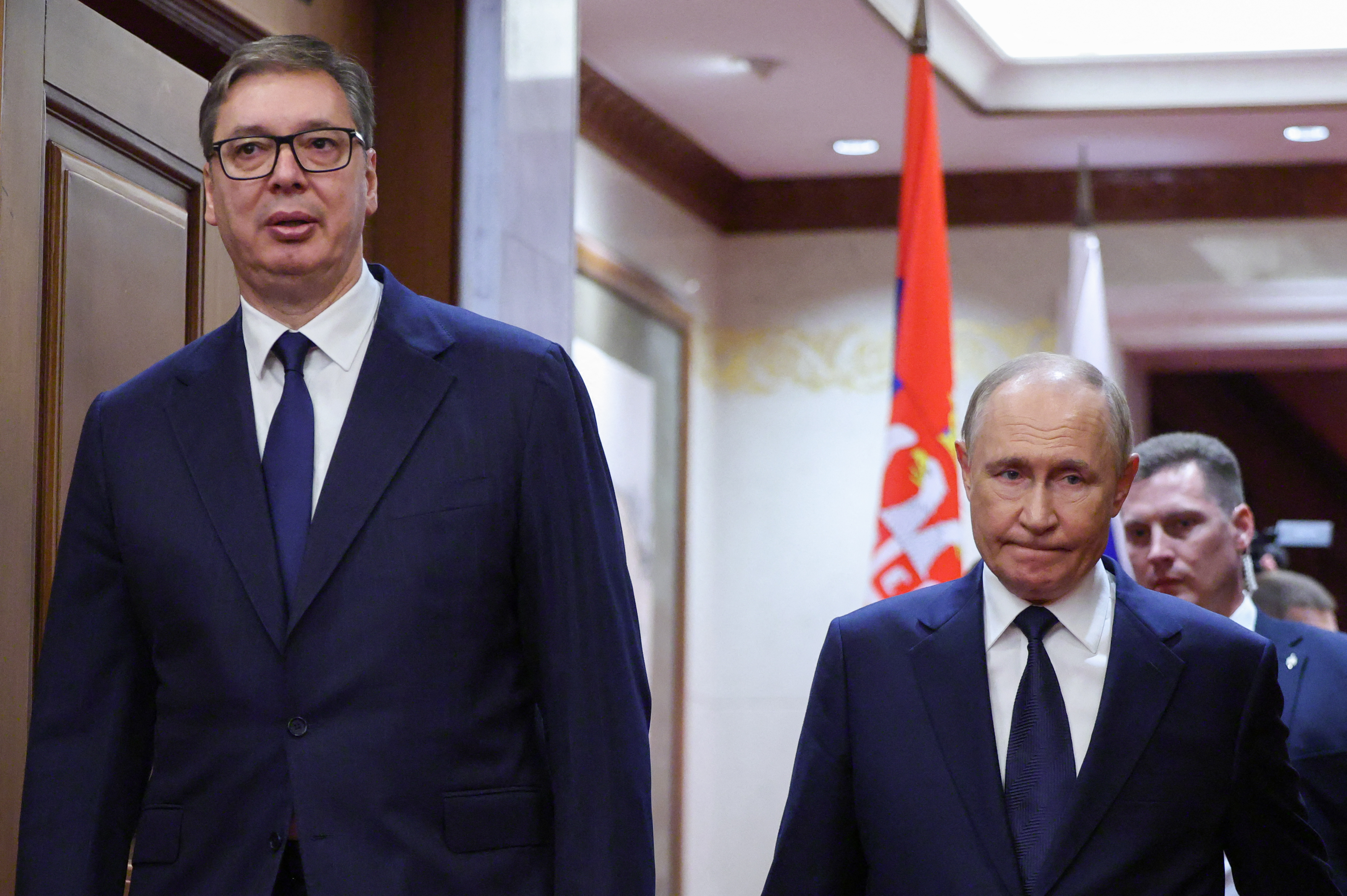 Russian President Vladimir Putin (R) walks with Serbian President Aleksandar Vucic for a meeting at the Diaoyutai State Guesthouse in Beijing on September 2, 2025. (Photo by Maxim Shemetov / POOL / AFP)