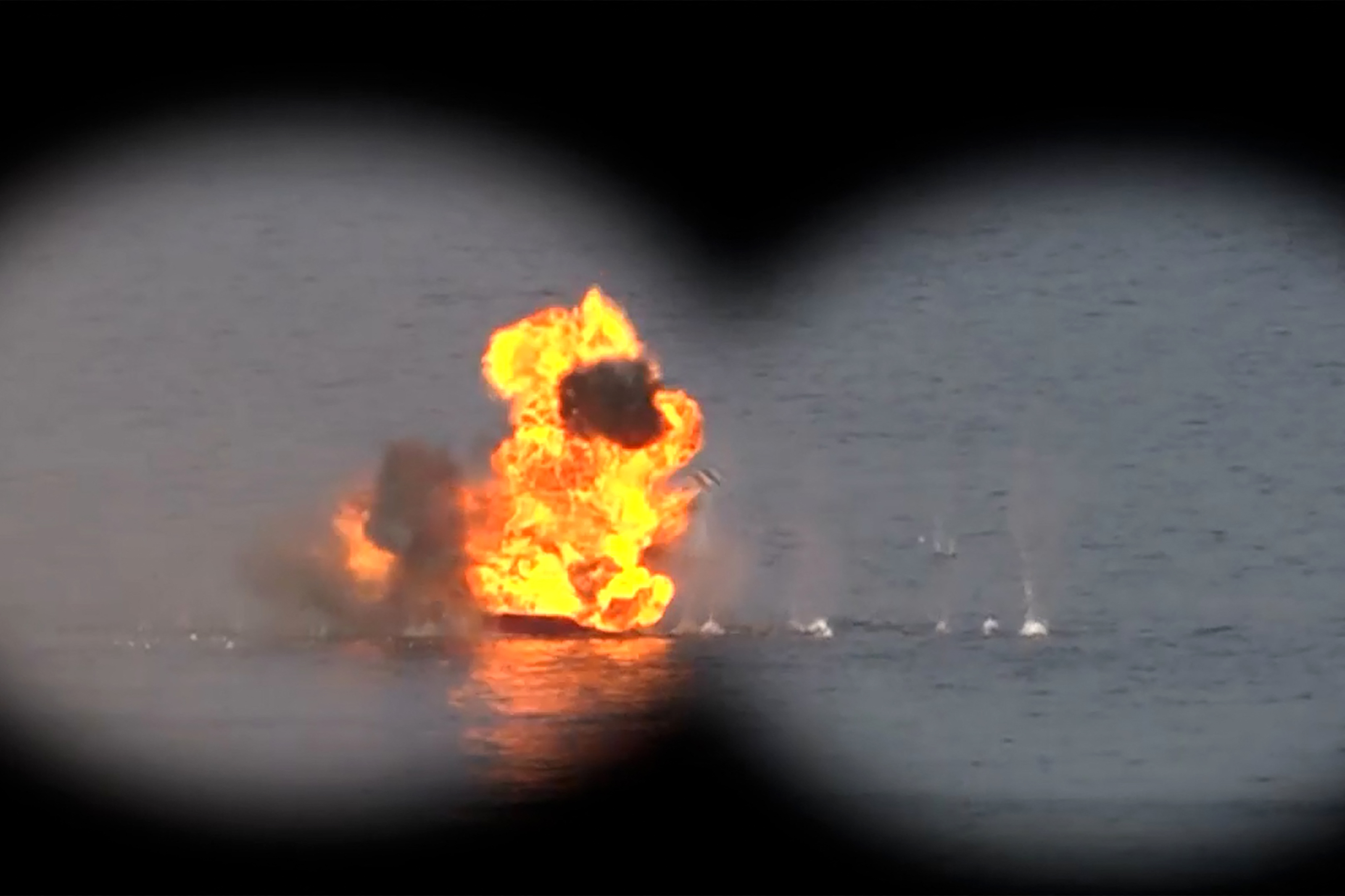 This handout photo released by Iran's Revolutionary Guards Corps (IRGC)'s official website Sepanews on February 16, 2026, shows a target being hit during a military exercise by members of the IRGC and navy in the Gulf.