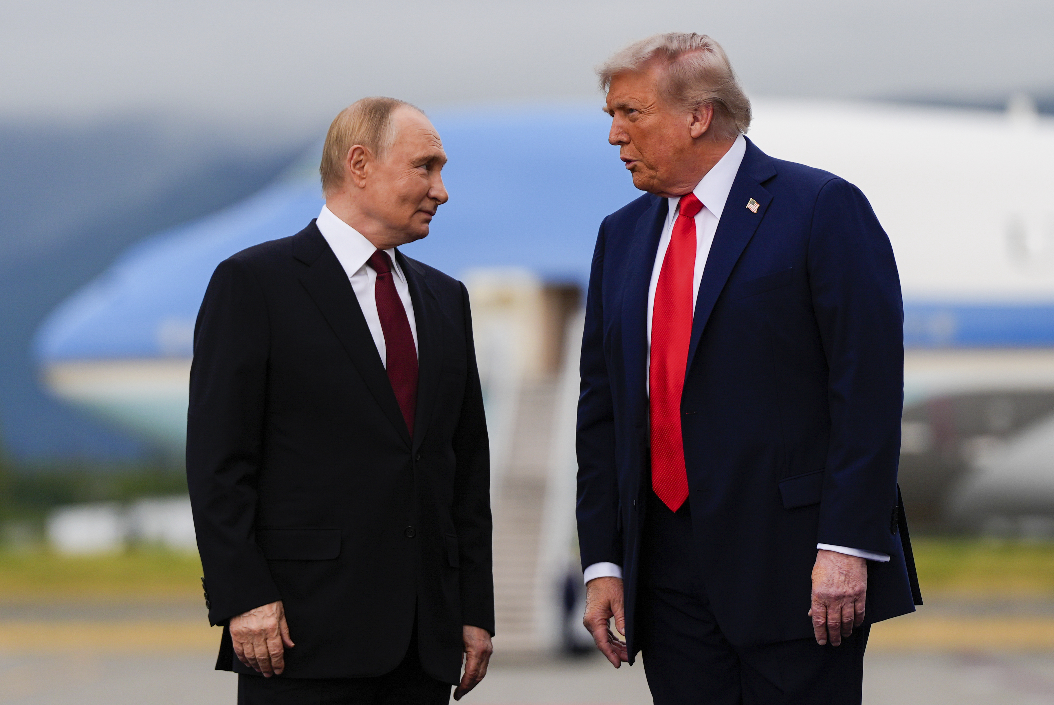 President Donald Trump and Russia's President Vladimir Putin talk, Friday, Aug. 15, 2025, at Joint Base Elmendorf-Richardson, Alaska. (AP Photo/Julia Demaree Nikhinson)