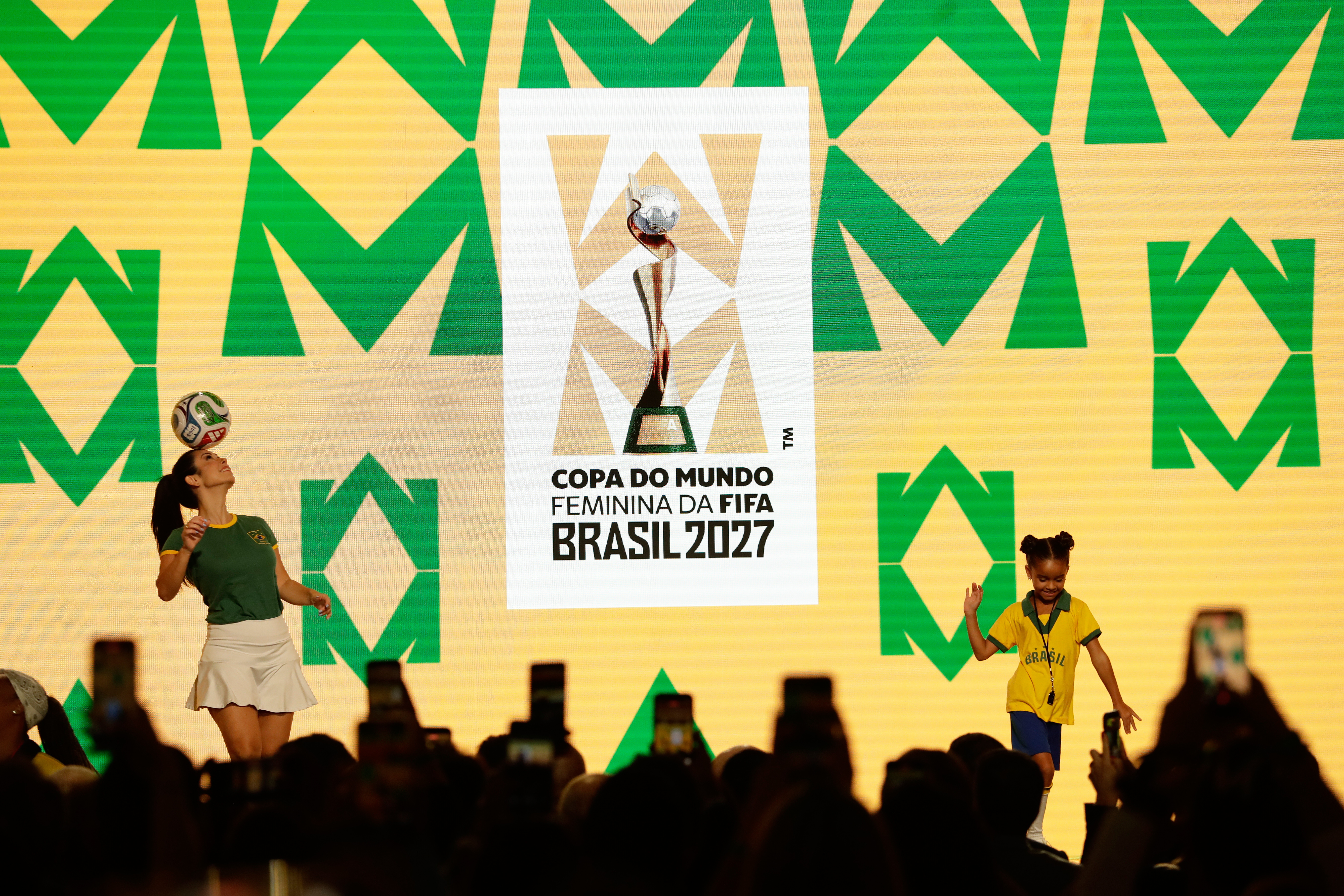 People perform during the launch of the official branding of the 2027 Brazil FIFA Women's World Cup Soccer tournament, in Rio de Janeiro, Sunday, Jan. 25, 2026. (AP Photo/Bruna Prado)