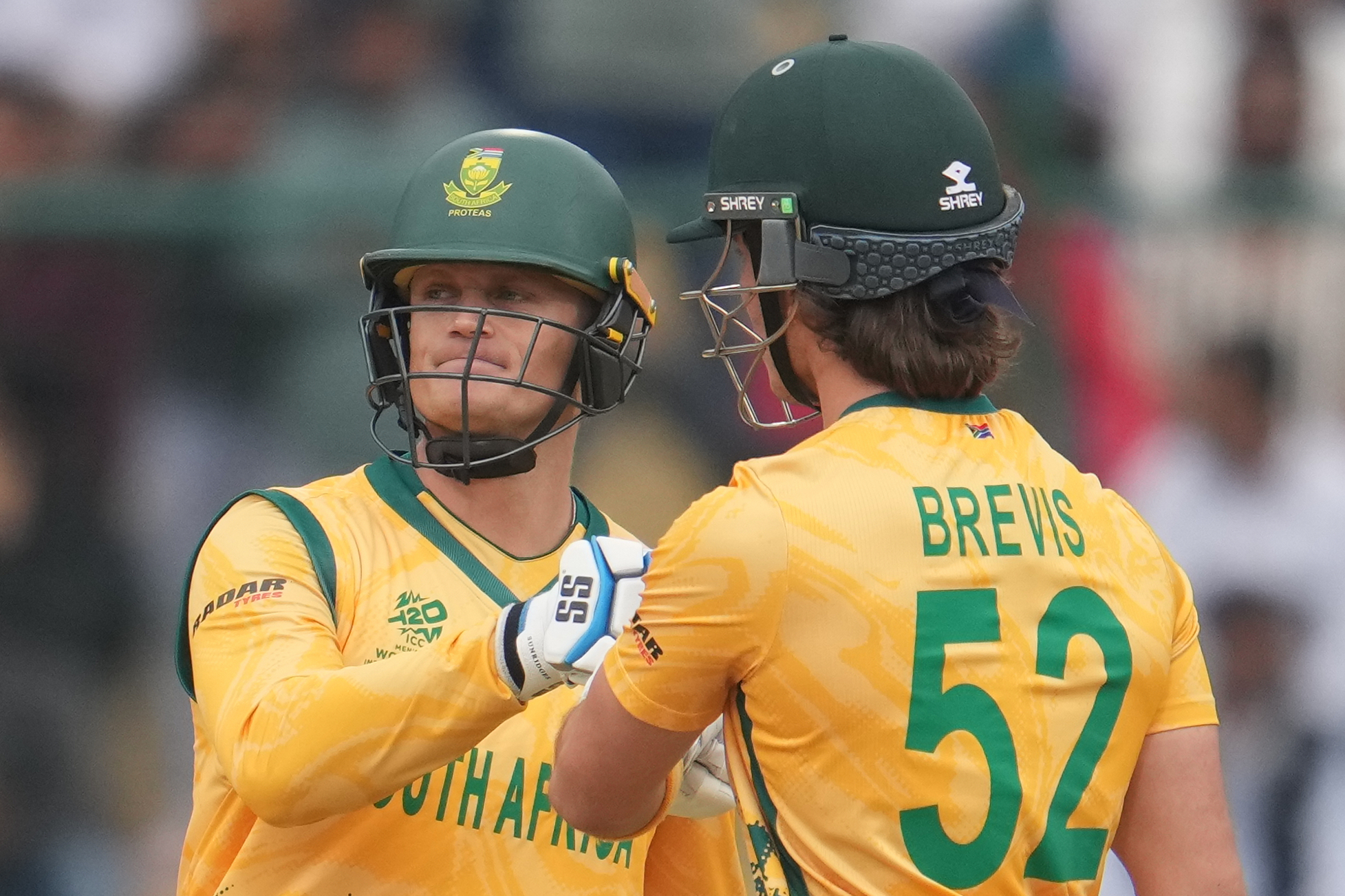 South Africa's Ryan Rickelton and South Africa's Dewald Brevis celebrate during a match.