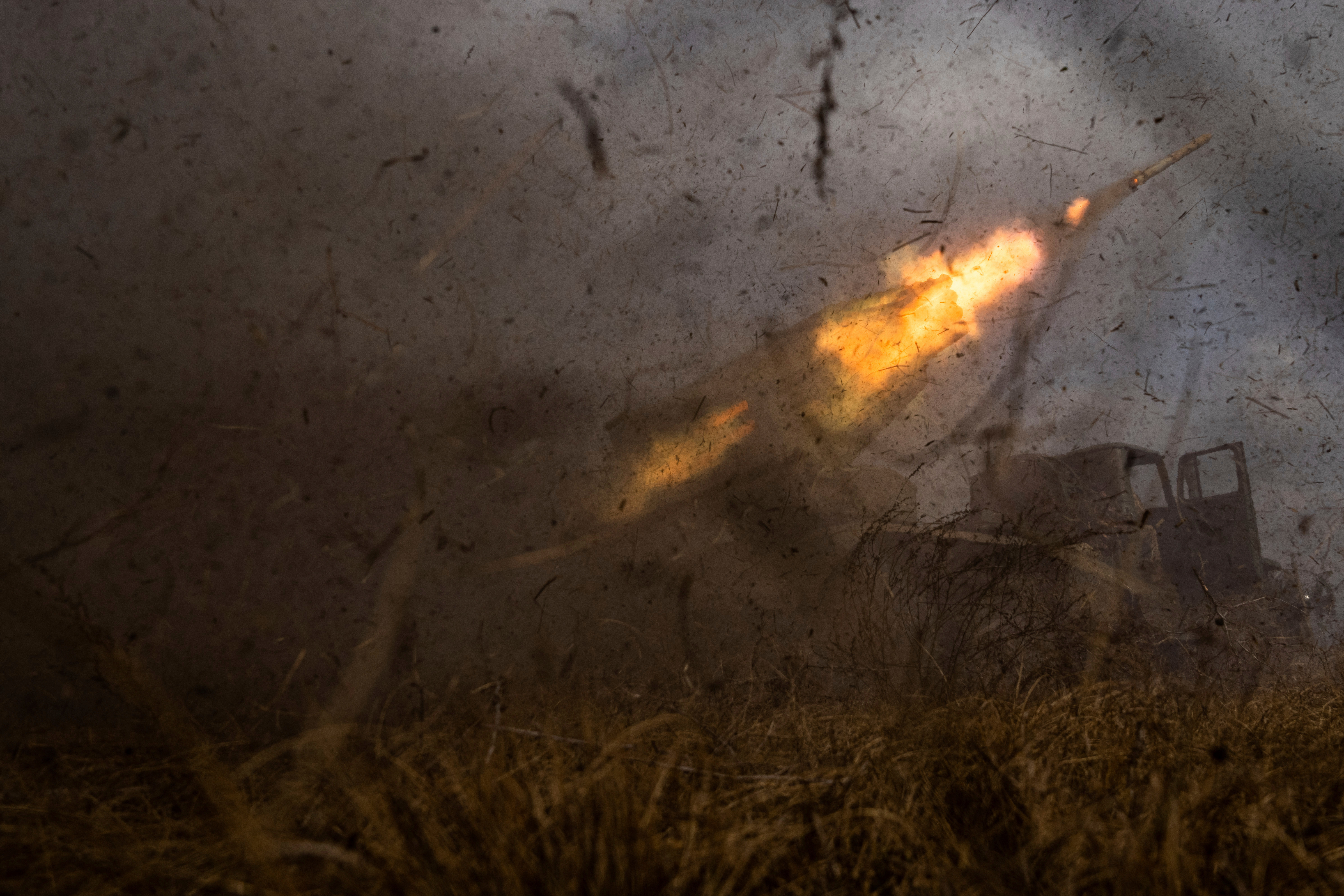 A Ukrainian MSLR BM-21 "Grad" rocket launcher of the 95 Air Assault brigade fires toward Russian positions on the front line near Kreminna, Ukraine