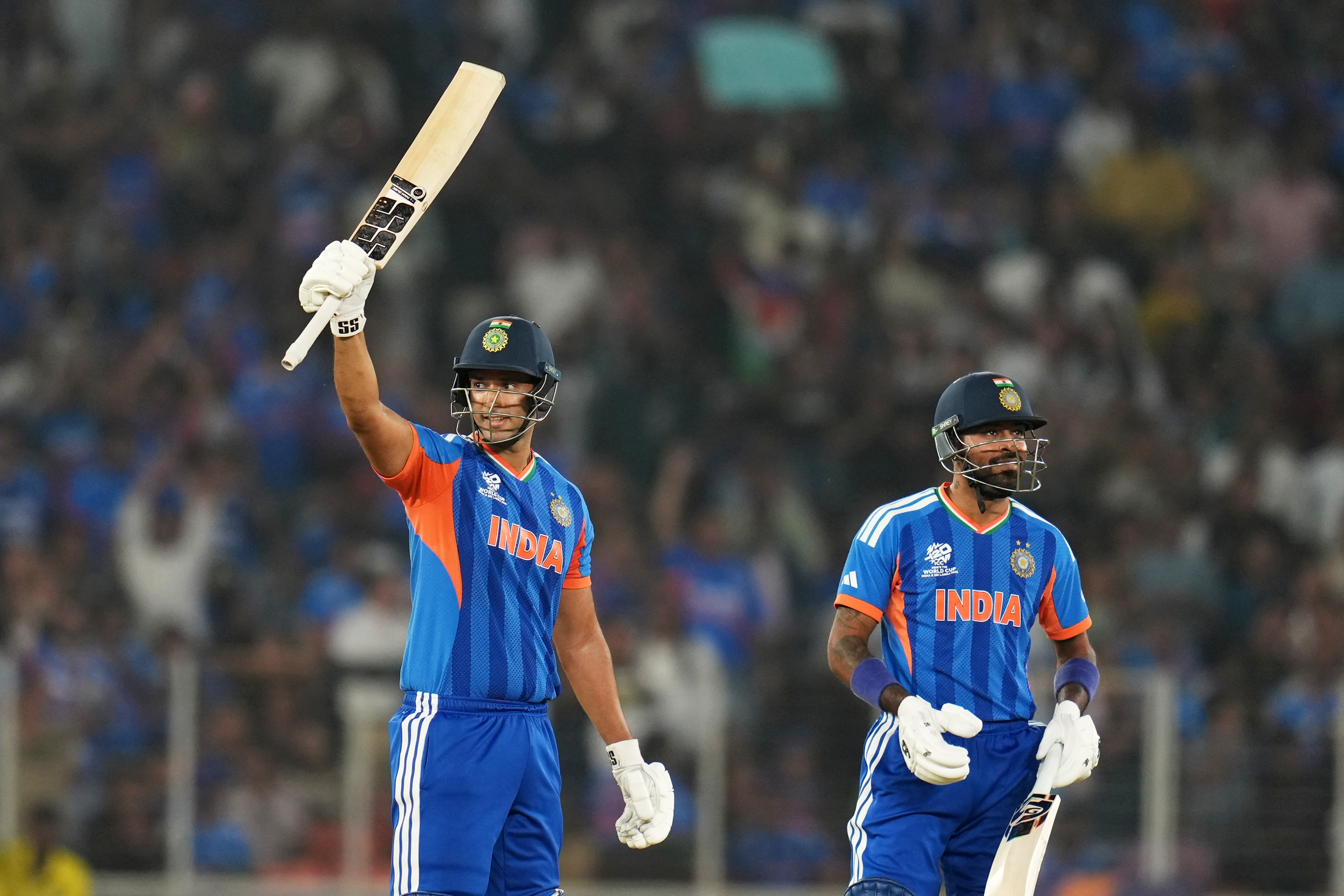 India's Shivam Dube celebrates after scoring a half-century during the 2026 ICC Men's T20 Cricket World Cup group stage match against Netherlands