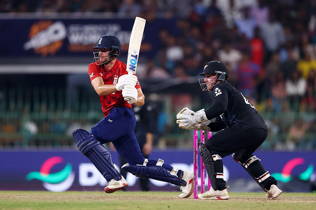 Will Jacks of England plays a shot as Tim Seifert of New Zealand keeps during the ICC Men's T20 World Cup