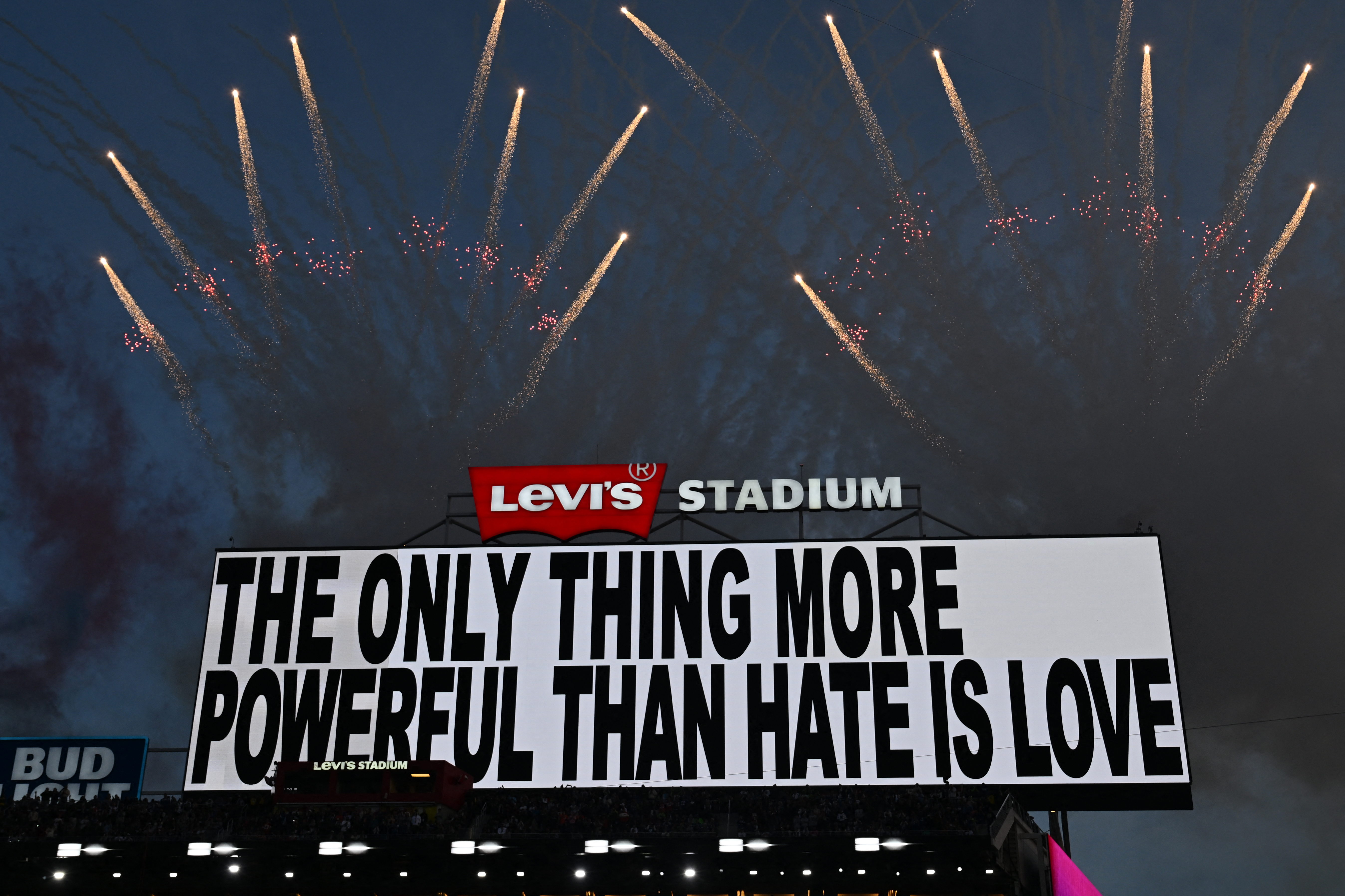A message is displayed while Puerto Rican singer Bad Bunny performs during the Super Bowl LX Patriots vs Seahawks Apple Music Halftime Show at Levi's Stadium in Santa Clara, California on February 8, 2026.