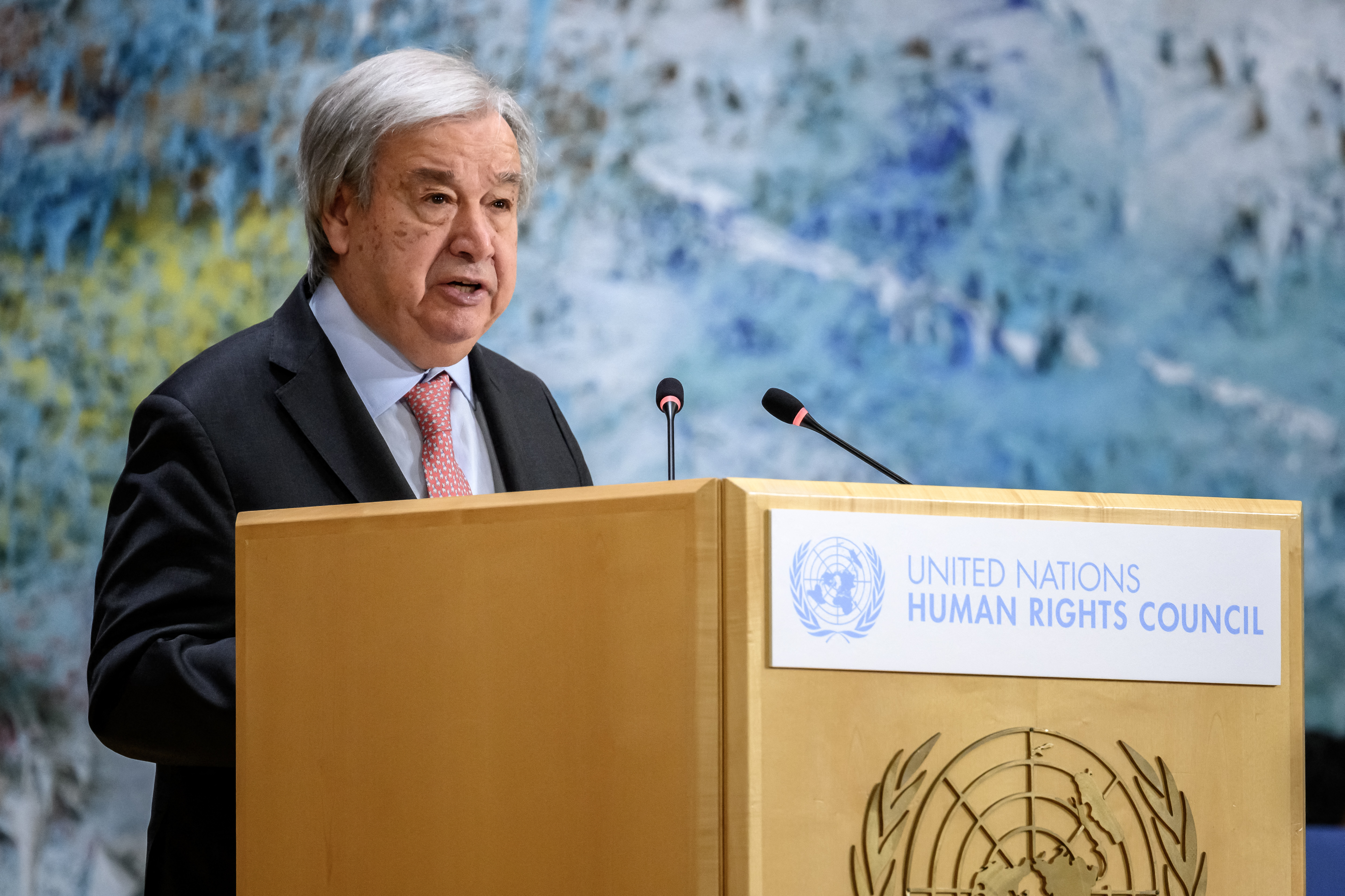 UN Secretary-General Antonio Guterres delivers a speech at the opening of the 61st session of the UN Human Rights Council at the United Nations office in Geneva on February 23, 2026.