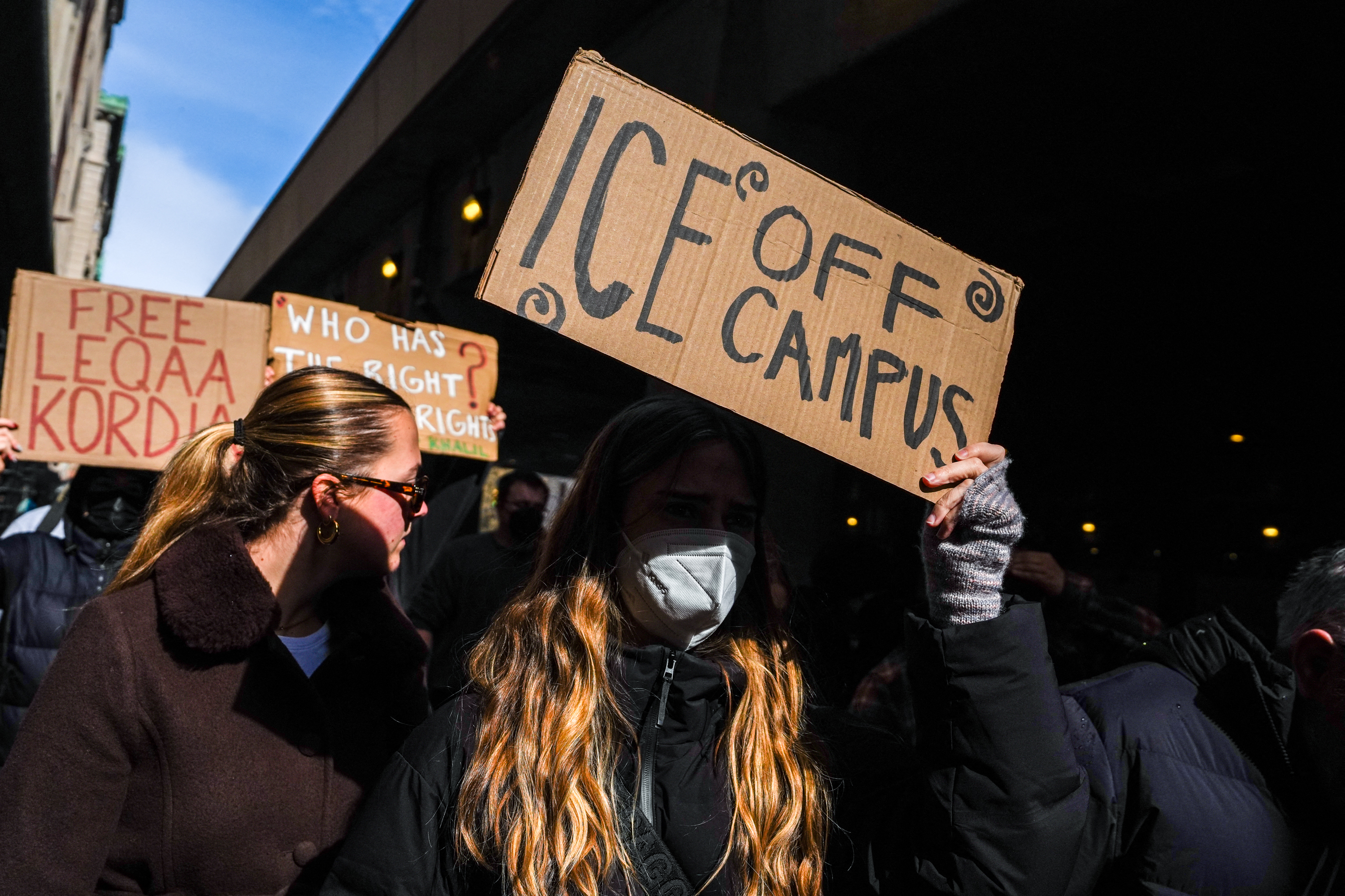 NEW YORK, NEW YORK - FEBRUARY 26: Students protest at Columbia University after federal agents from the Department of Homeland Security entered a university residential building and detained Columbia neuroscience student, Ellie Aghayeva early Thursday morning, on February 26, 2026 in New York City. The University's President, Claire Shipman, said that she believed the agents misrepresented themselves to gain access to the building. Ryan Murphy/Getty Images/AFP (Photo by RYAN MURPHY / GETTY IMAGES NORTH AMERICA / Getty Images via AFP)