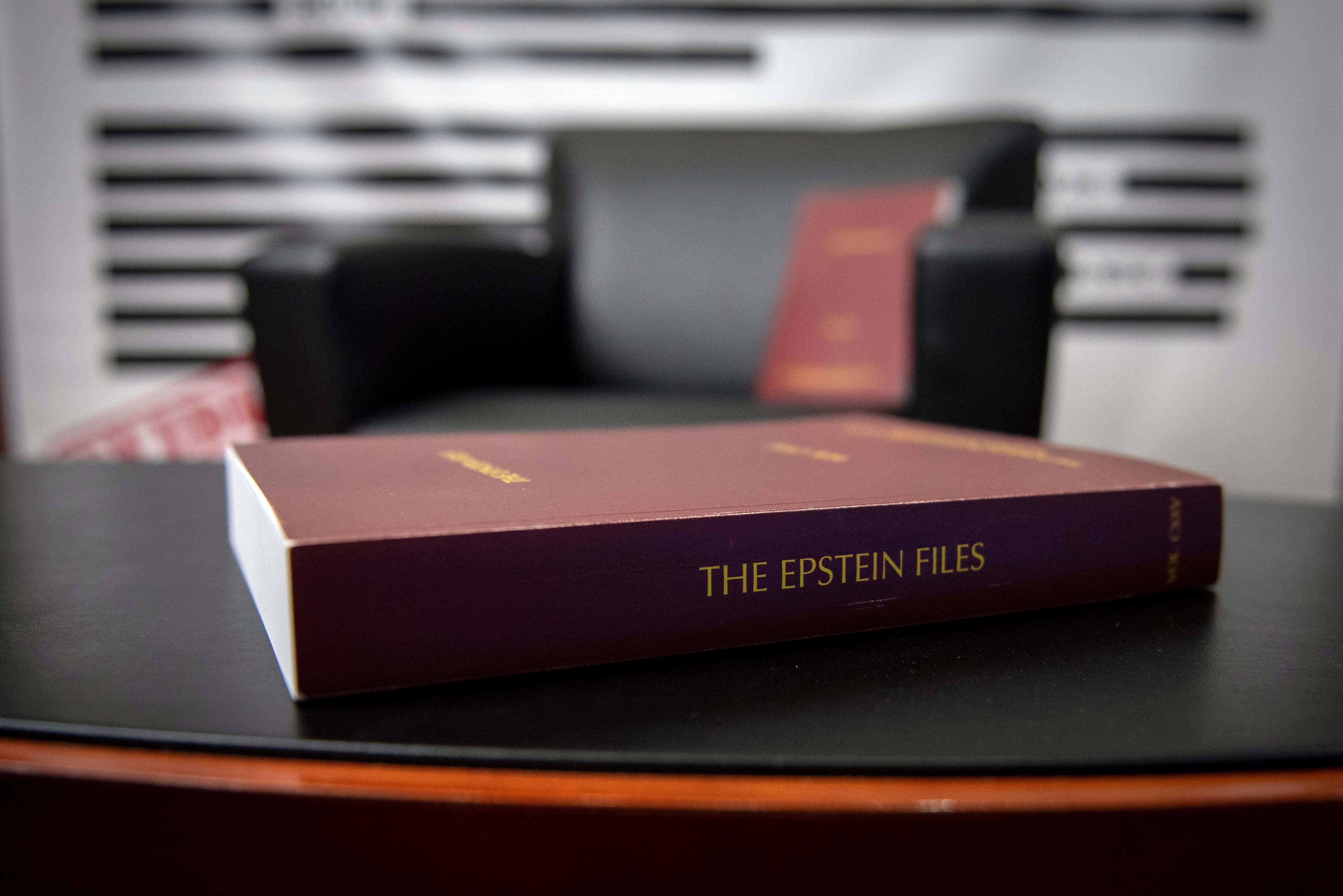An "Epstein Reading Room" studio backdrop is set up at a rebuttal to President Donald Trump's State of the Union hosted by Defiance.org, the Portland Frog Brigade and COURIER at the National Press Club in Washington, Tuesday, Feb. 24, 2026. (AP Photo/Cliff Owen)