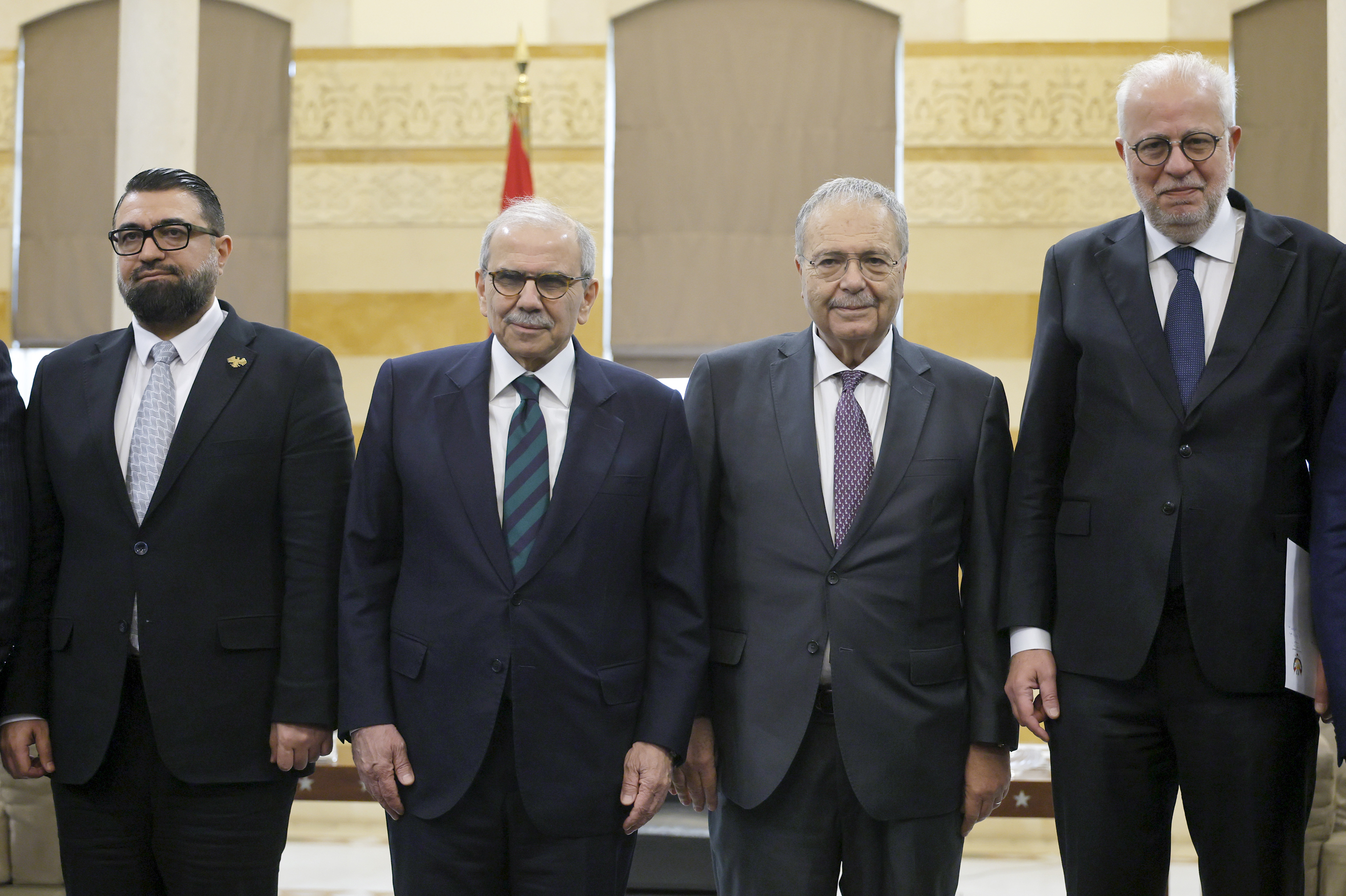 Syrian Justice Minister of the caretaker government Mazhar Al Wais (L), Lebanese Prime Minister Nawaf Salam (2-L), Lebanese Deputy Prime Minister Tarek Mitri (2-R), and Lebanese Justice Minister Adel Nassar (R) pose for a photograph before the signing of a historic judicial agreement at the Government Palace in Beirut, Lebanon, 06 February 2026. Lebanon and Syria signed a historic judicial agreement allowing convicted inmates to be transferred from the country where their sentence was issued to their country of nationality. This marks a significant step in judicial cooperation between the two neighbors. The agreement applies to hundreds of Syrian detainees currently held in Lebanese prisons, with the initial implementation set to transfer approximately 300 Syrian prisoners to Syria. EPA/WAEL HAMZEH