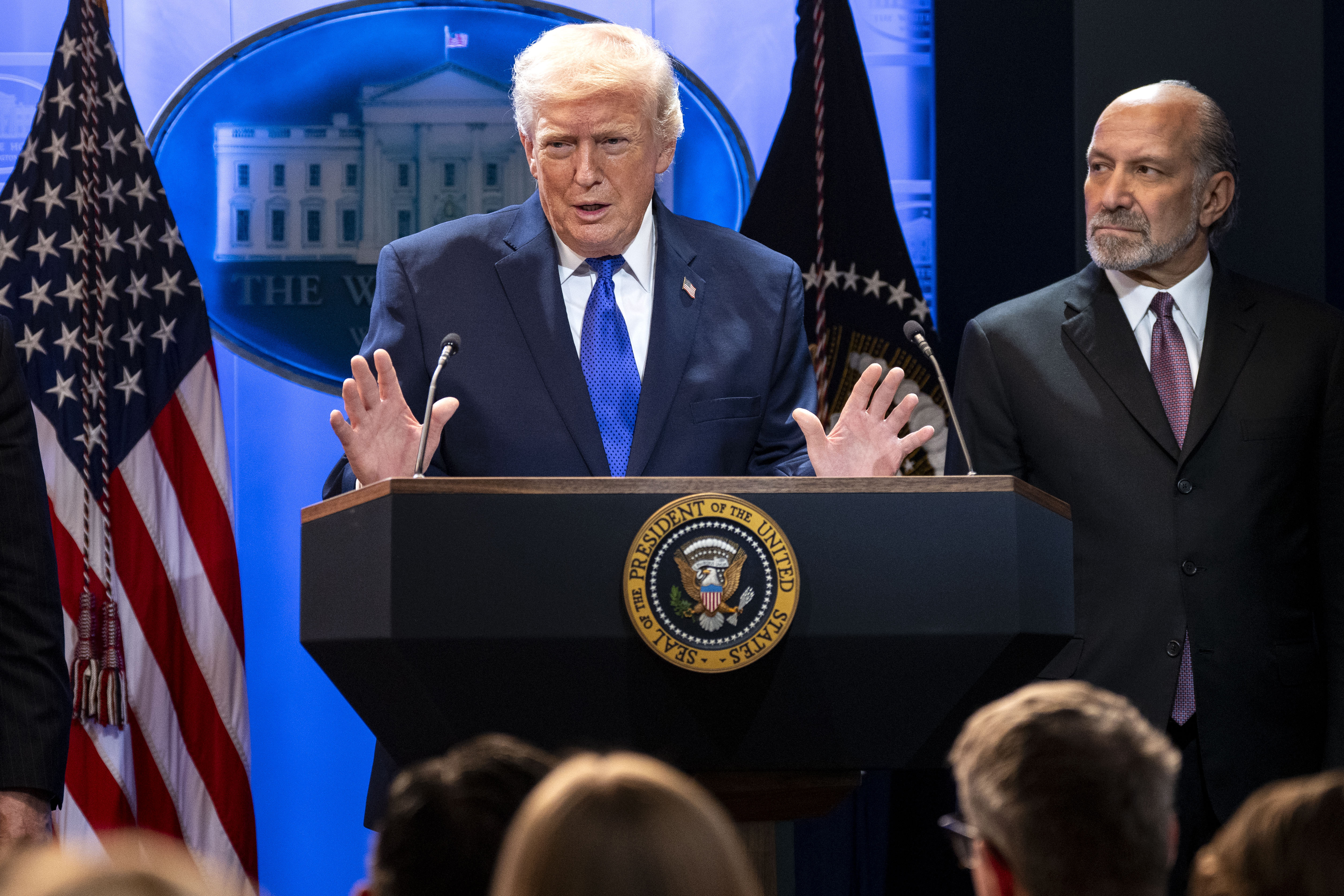 epa12763357 US President Donald J. Trump, alongside Commerce Secretary Howard Lutnick (R), addresses a press conference about the Supreme Court's striking down of most of his tariffs in the briefing room at the White House in Washington, DC, USA, 20 February 2026. Earlier today, the Supreme Court ruled against President Trump's tariff program. EPA/BONNIE CASH / POOL