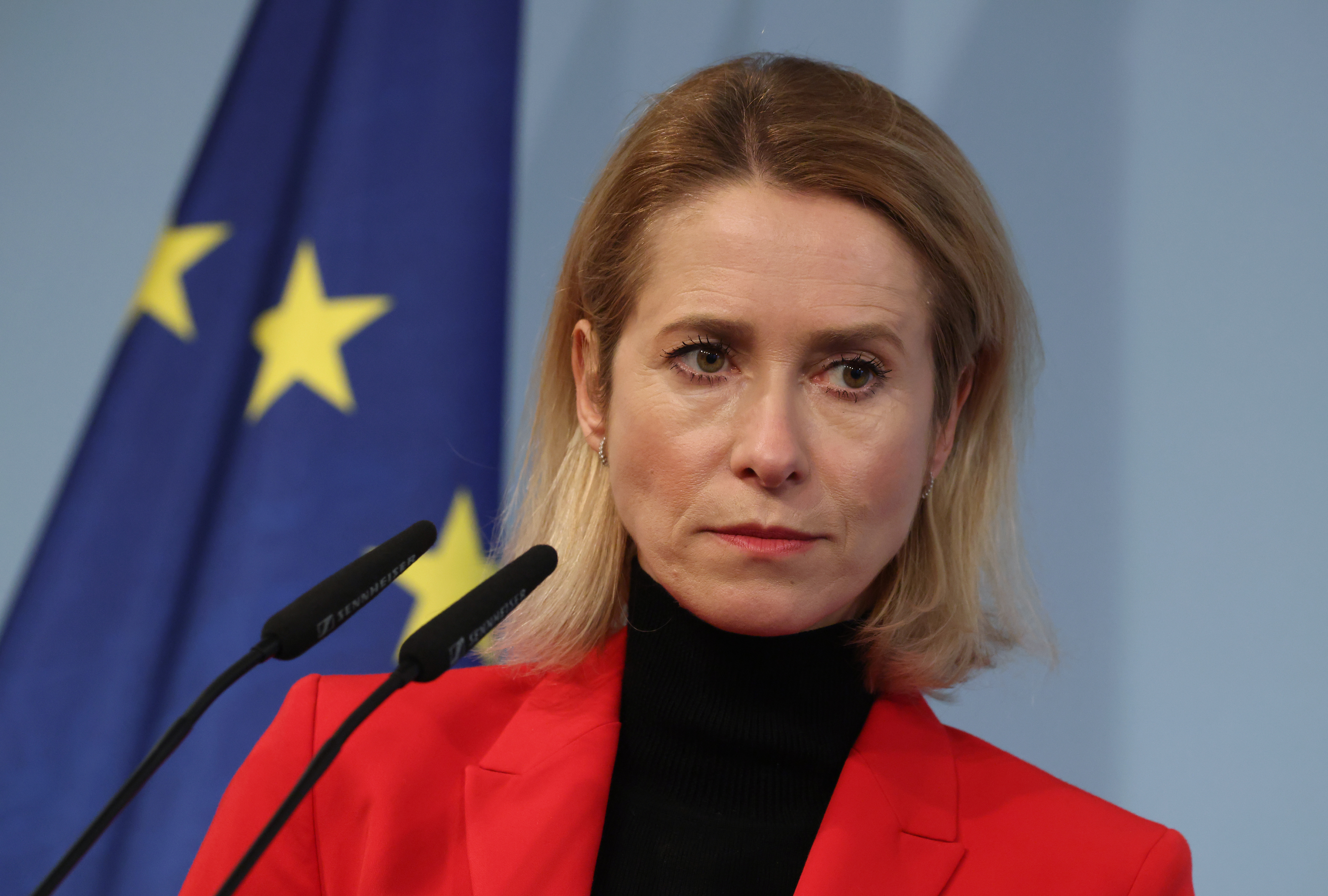 BERLIN, GERMANY - JANUARY 13: High Representative of the European Union for Foreign Affairs and Security Policy Kaja Kallas and German Defence Minister Boris Pistorius (not pictured) speak to the media following talks at the Defence Ministry on Kallas's inaugural visit to Berlin on January 13, 2026 in Berlin, Germany. The two are meeting as U.S. and Danish officials are preparing to meet tomorrow over the U.S. intent to acquire Greenland. Should the U.S. take Greenland by force, it would certainly ignite a crisis in European defence policy and transatlantic relations. (Photo by Sean Gallup/Getty Images)