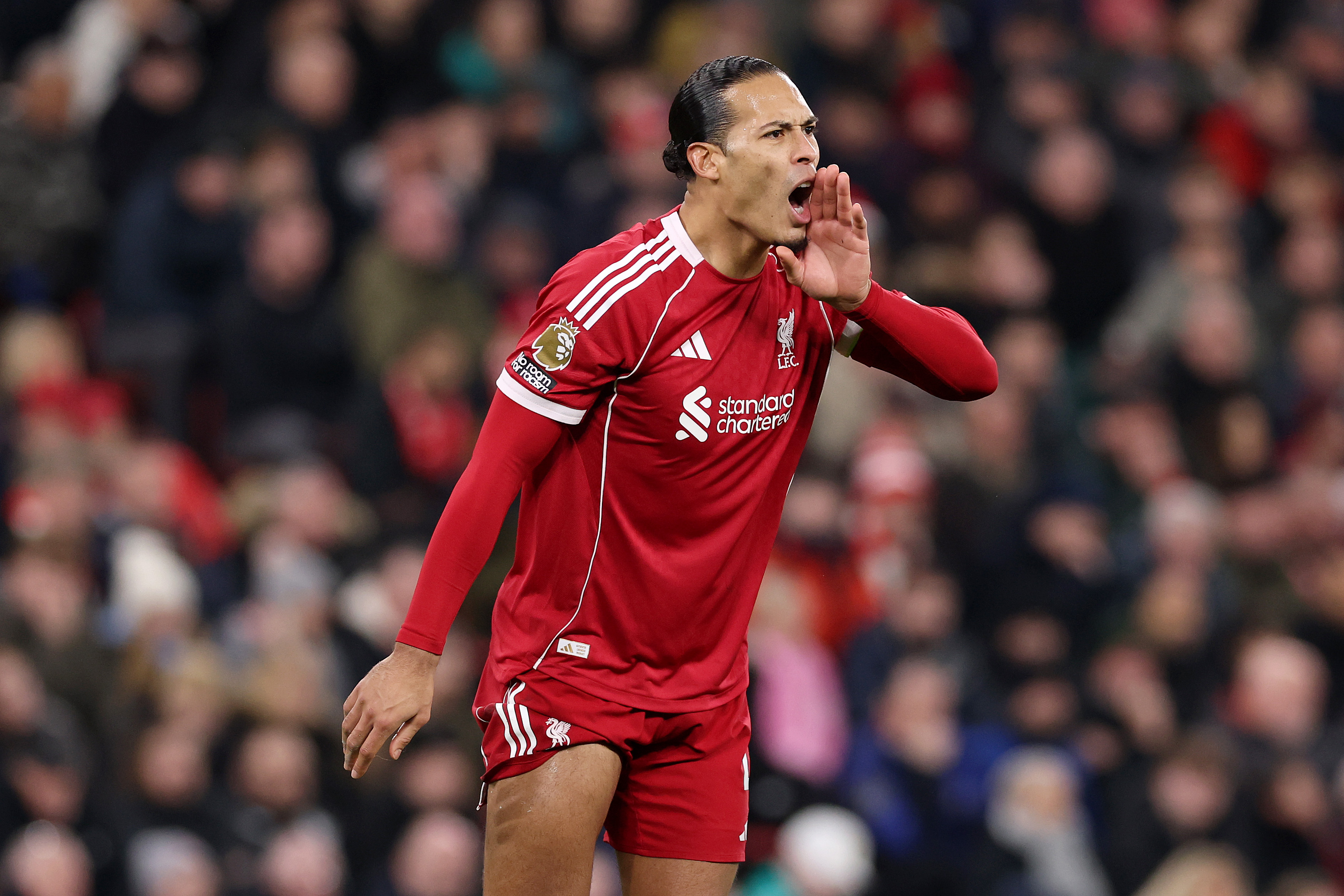 LIVERPOOL, ENGLAND - JANUARY 31: Virgil van Dijk of Liverpool yells commands to his teammates during the Premier League match between Liverpool and Newcastle United at Anfield on January 31, 2026 in Liverpool, England. (Photo by Stu Forster/Getty Images)