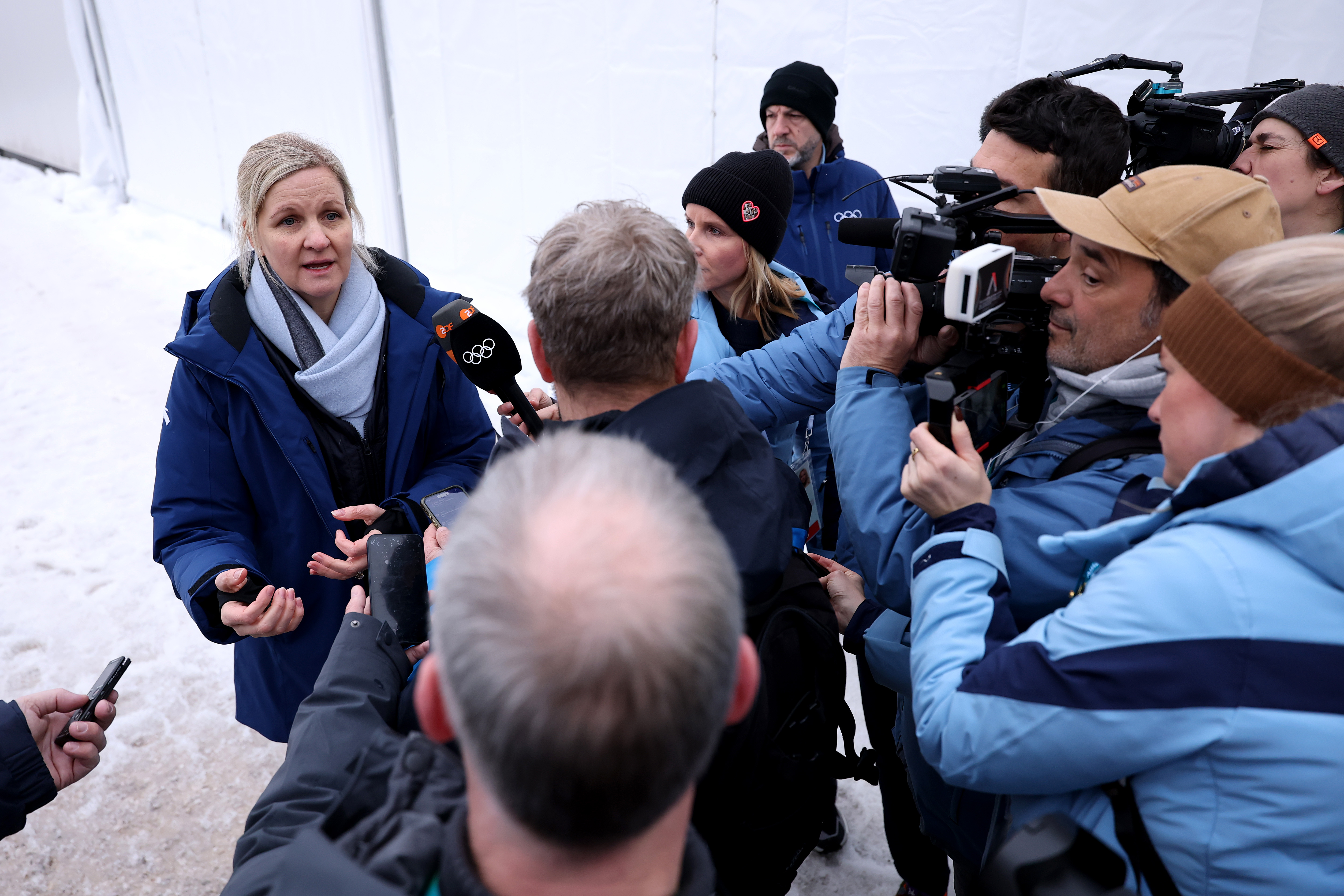 CORTINA D'AMPEZZO, ITALY - FEBRUARY 12: IOC President Kirsty Coventry speaks to the media after Vladyslav Heraskevych of Team Ukraine (not pictured) was disqualified from competition in the Men's Skeleton on day six of the Milano Cortina 2026 Winter Olympic games at Cortina Sliding Centre on February 12, 2026 in Cortina d'Ampezzo, Italy. (Photo by Richard Heathcote/Getty Images)