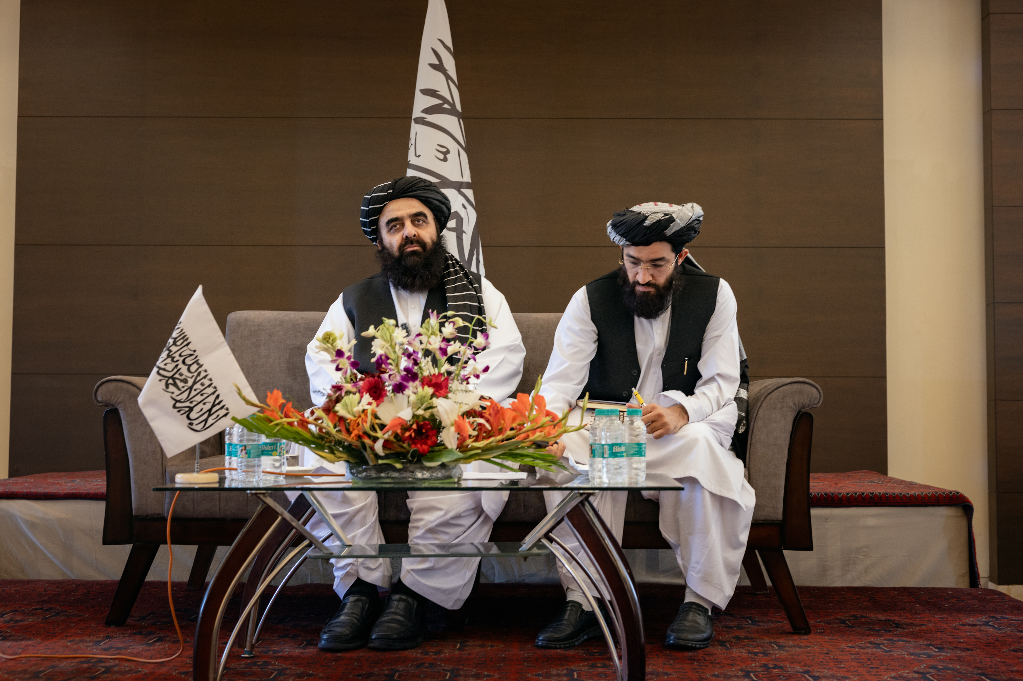 Afghanistan's Taliban foreign minister, Amir Khan Muttaqi, addresses the media at a news conference.