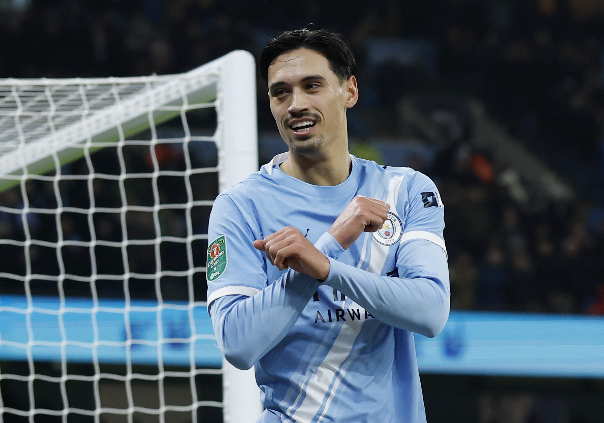 Soccer Football - Carabao Cup - Semi Final - Second Leg - Manchester City v Newcastle United - Etihad Stadium, Manchester, Britain - February 4, 2026 Manchester City's Tijjani Reijnders celebrates scoring their third goal Action Images via Reuters/Jason Cairnduff EDITORIAL USE ONLY. NO USE WITH UNAUTHORIZED AUDIO, VIDEO, DATA, FIXTURE LISTS, CLUB/LEAGUE LOGOS OR 'LIVE' SERVICES. ONLINE IN-MATCH USE LIMITED TO 120 IMAGES, NO VIDEO EMULATION. NO USE IN BETTING, GAMES OR SINGLE CLUB/LEAGUE/PLAYER PUBLICATIONS. PLEASE CONTACT YOUR ACCOUNT REPRESENTATIVE FOR FURTHER DETAILS..