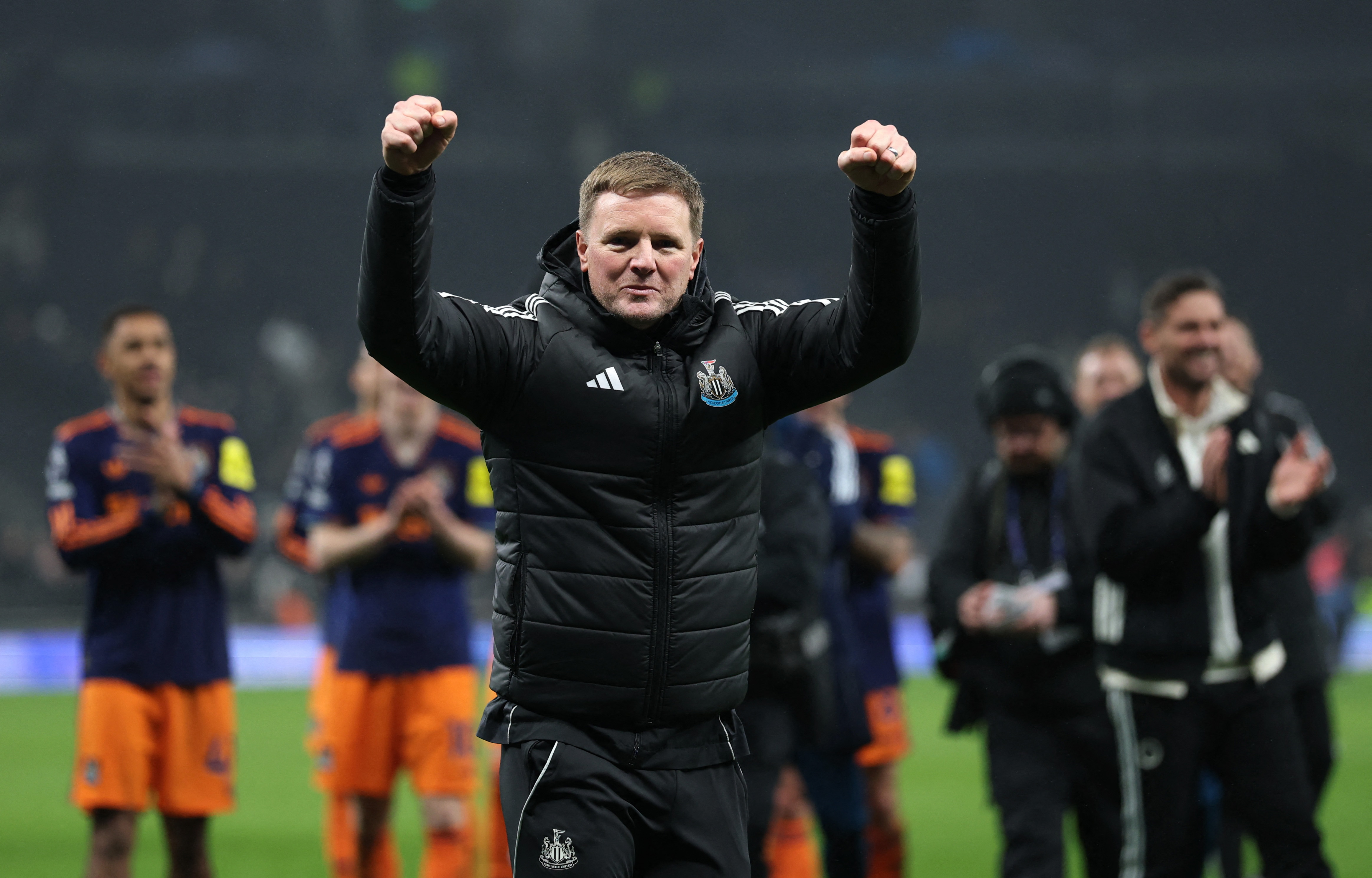 Soccer Football - Premier League - Tottenham Hotspur v Newcastle United - Tottenham Hotspur Stadium, London, Britain - February 10, 2026 Newcastle United manager Eddie Howe celebrates after the match Action Images via Reuters/Paul Childs EDITORIAL USE ONLY. NO USE WITH UNAUTHORIZED AUDIO, VIDEO, DATA, FIXTURE LISTS, CLUB/LEAGUE LOGOS OR 'LIVE' SERVICES. ONLINE IN-MATCH USE LIMITED TO 120 IMAGES, NO VIDEO EMULATION. NO USE IN BETTING, GAMES OR SINGLE CLUB/LEAGUE/PLAYER PUBLICATIONS. PLEASE CONTACT YOUR ACCOUNT REPRESENTATIVE FOR FURTHER DETAILS..