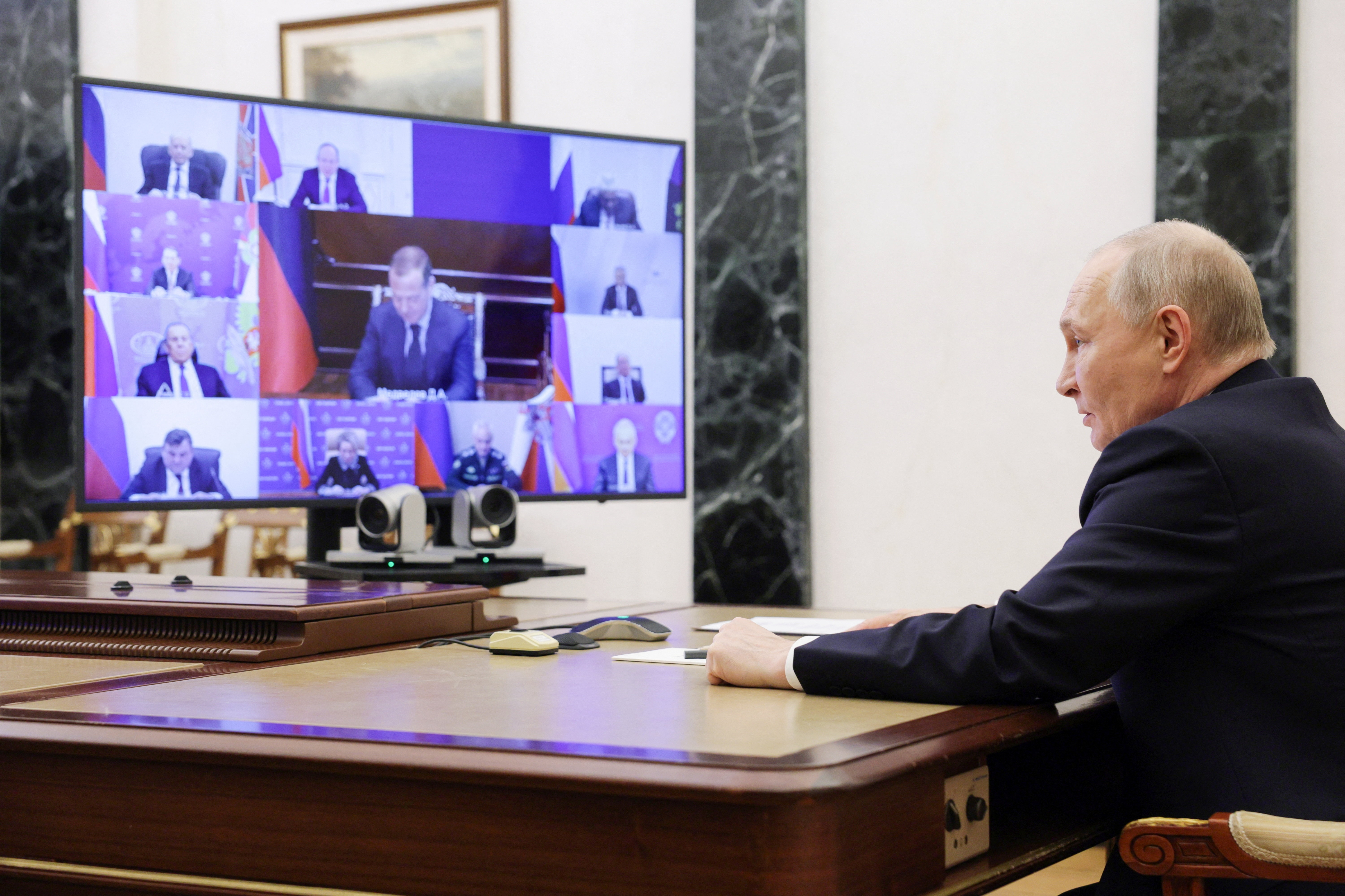 Russian President Vladimir Putin chairs a meeting with members of the Security Council via video link at the Kremlin in Moscow, Russia February 27, 2026. Sputnik/Gavriil Grigorov/Pool via REUTERS ATTENTION EDITORS - THIS IMAGE WAS PROVIDED BY A THIRD PARTY.