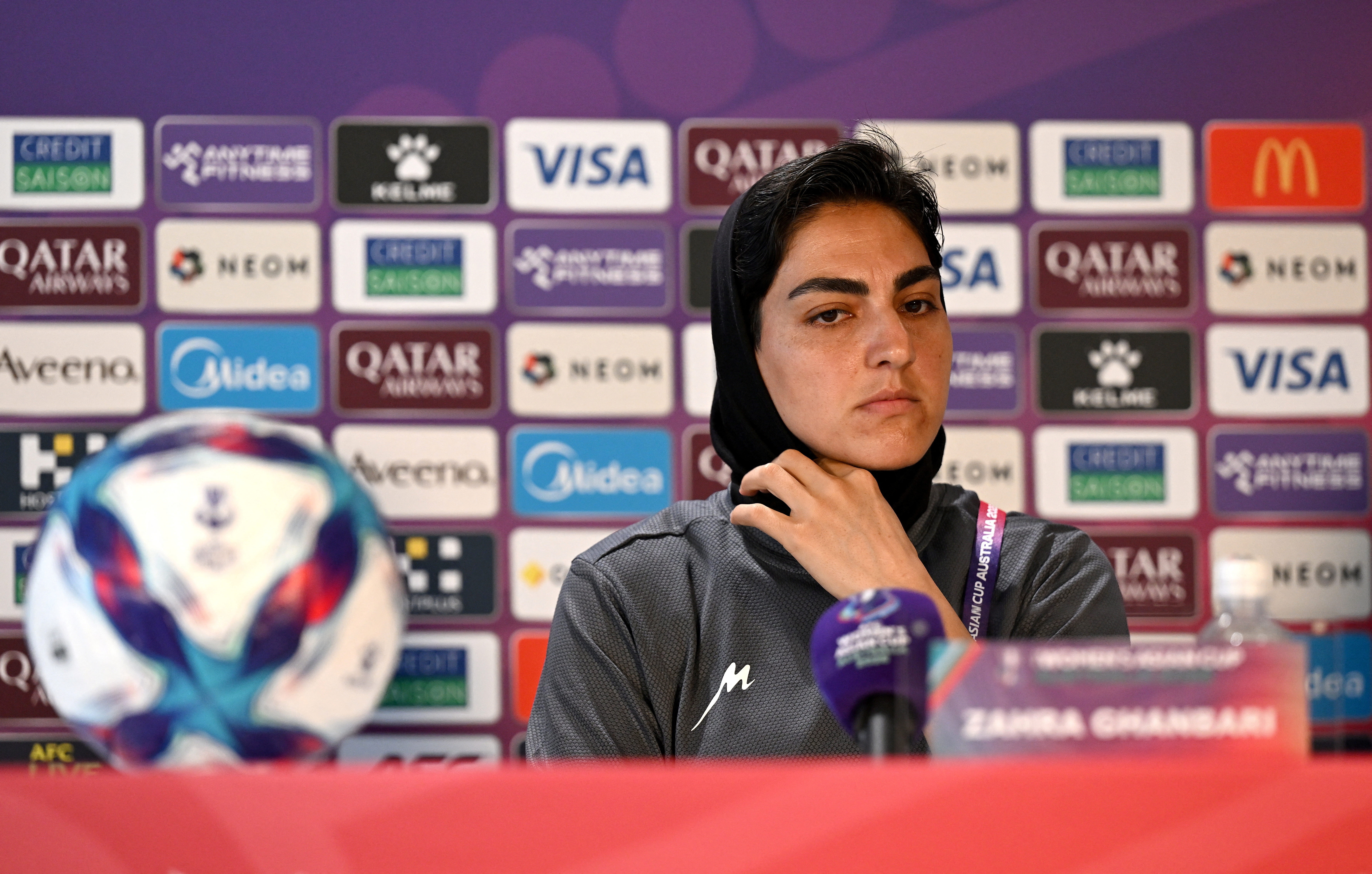 Iranian women’s national soccer team captain Zahra Ghanbari reacts during a press conference for the Women’s Asian Cup at Robina Stadium on the Gold Coast, Australia, March 1, 2026. Dave Hunt/AAP/via REUTERS ATTENTION EDITORS - THIS IMAGE WAS PROVIDED BY A THIRD PARTY. NO RESALES. NO ARCHIVE. AUSTRALIA OUT. NEW ZEALAND OUT. NO COMMERCIAL OR EDITORIAL SALES IN NEW ZEALAND. NO COMMERCIAL OR EDITORIAL SALES IN AUSTRALIA.
