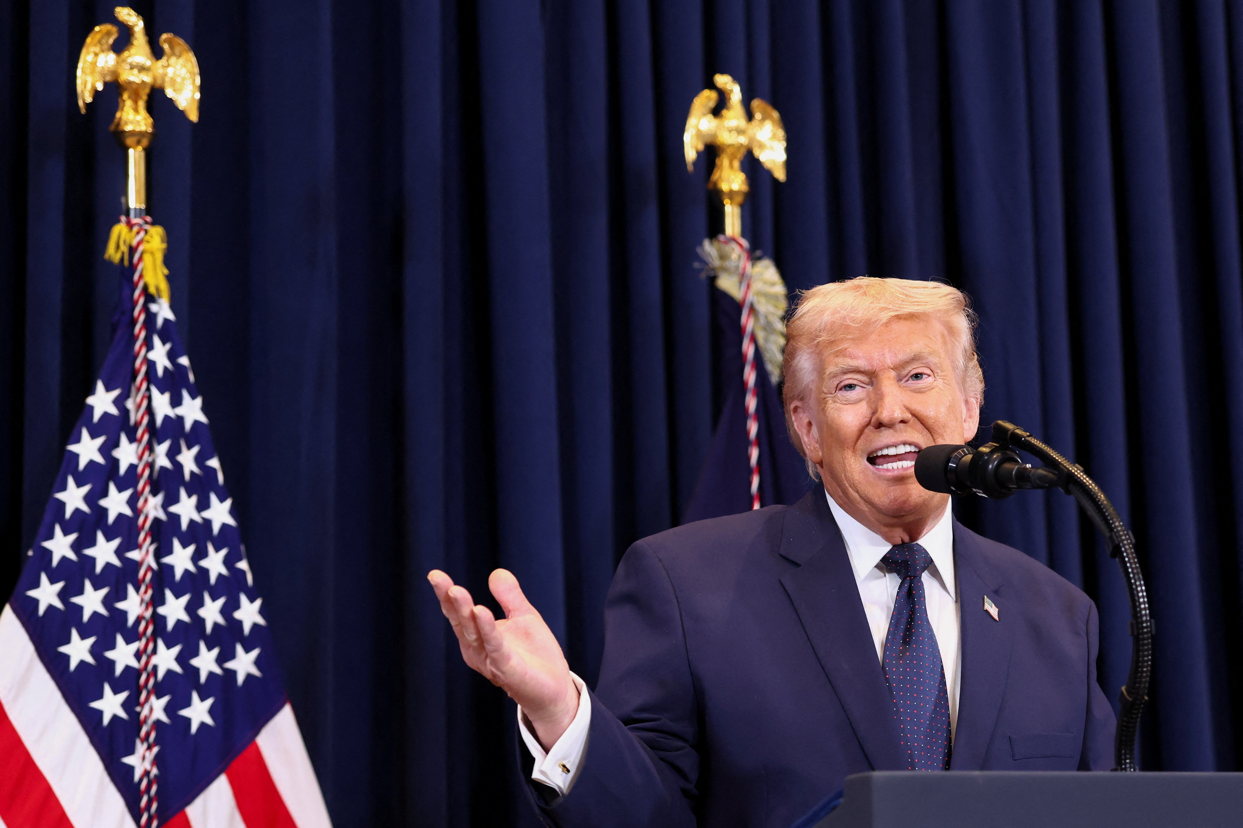 US President Donald Trump speaks during a press conference at Trump National Doral Miami in Miami,