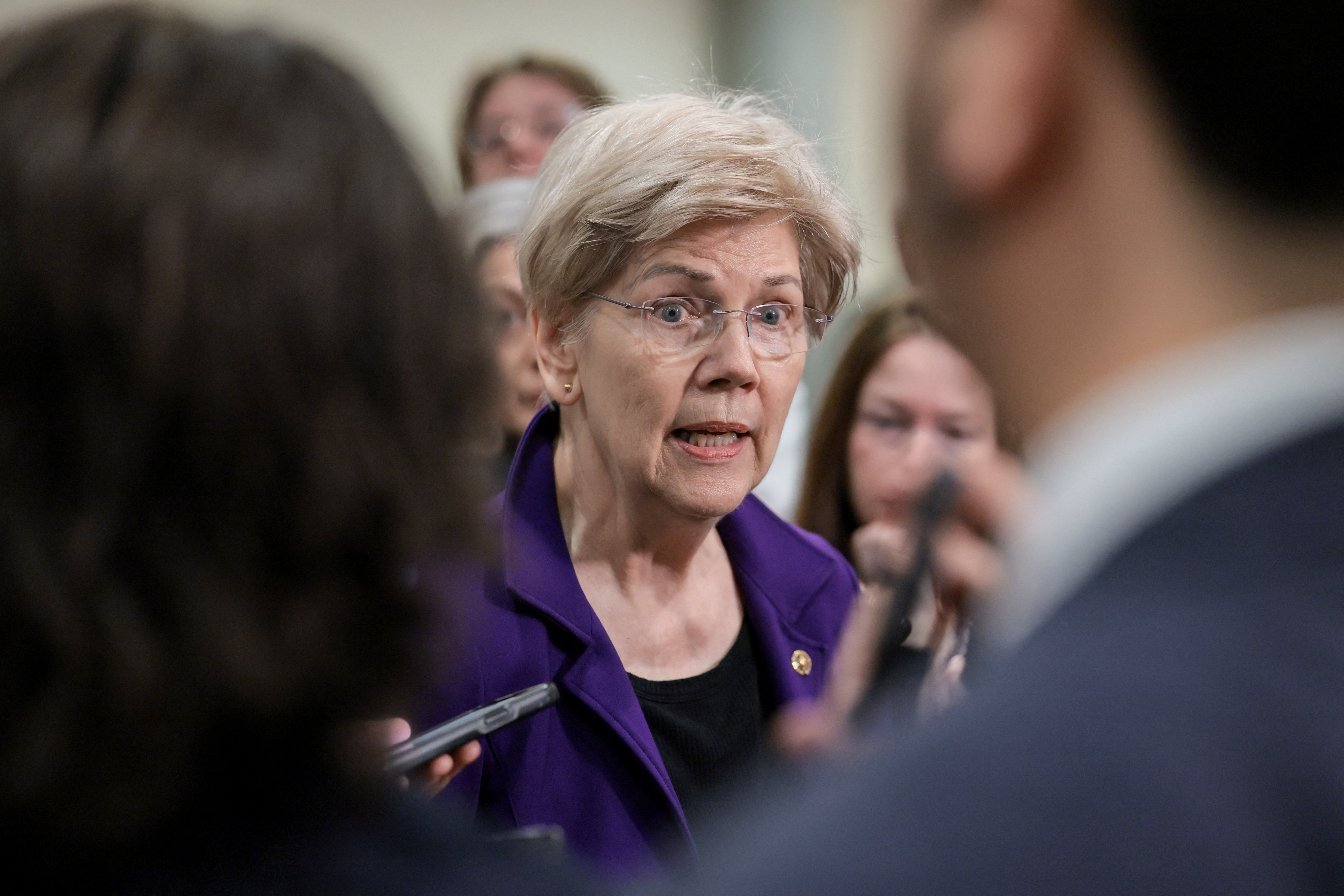 U.S. Senator Elizabeth Warren (D-MA) speaks to reporters, on the day of classified briefings for the Senate Armed Services Committee on Operation Epic Fury and the situation in Iran